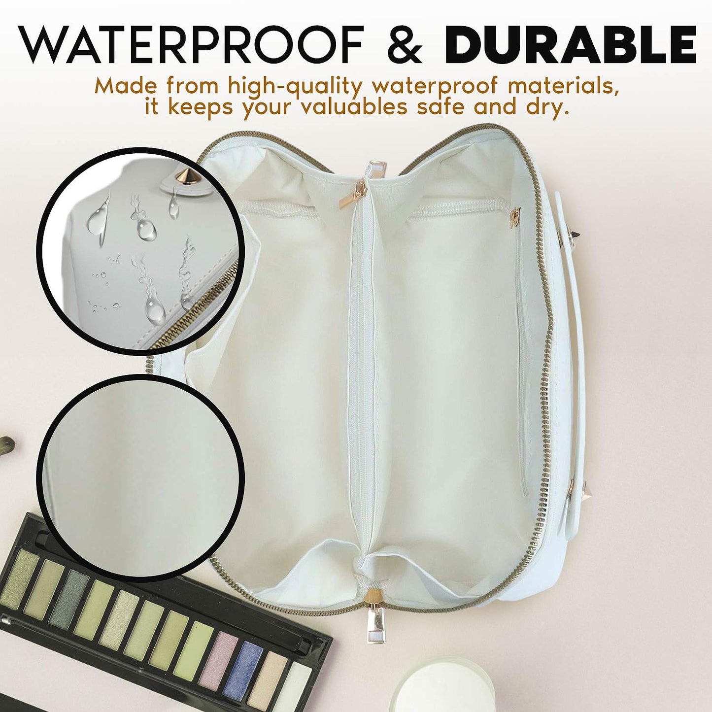 Travel Makeup Bag, Large Capacity Cosmetic Bag for Women, Large Makeup Organizer, PU Leather Waterproof Makeup bag, Travel Toiletry Bag Open flat Makeup Bag with Dividers and Handle (Smooth, White)