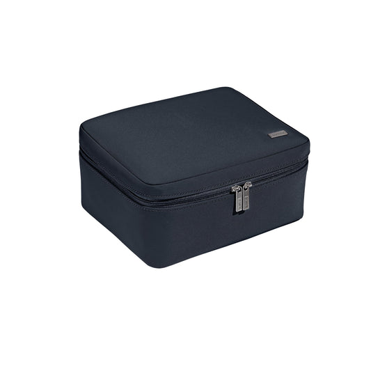 Away The Cosmetics Bag - Water-Repellent Cosmetic Travel Bag with Detachable Brush Organizer, Spill-Proof Bottom Compartment, Transparent Pockets - Navy Blue