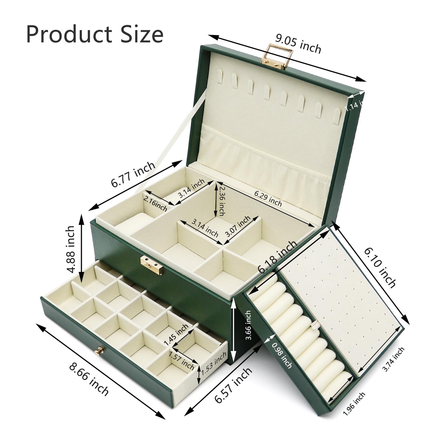 Jewelry Organizer Box, Jewelry Box Organizers for Women Girls, 3 Layers Large Leather Necklace Storage Case for Earring, Rings, Necklaces, Bracelets, Big and Small Jewellery, Watch, Gift (DeepGreen)