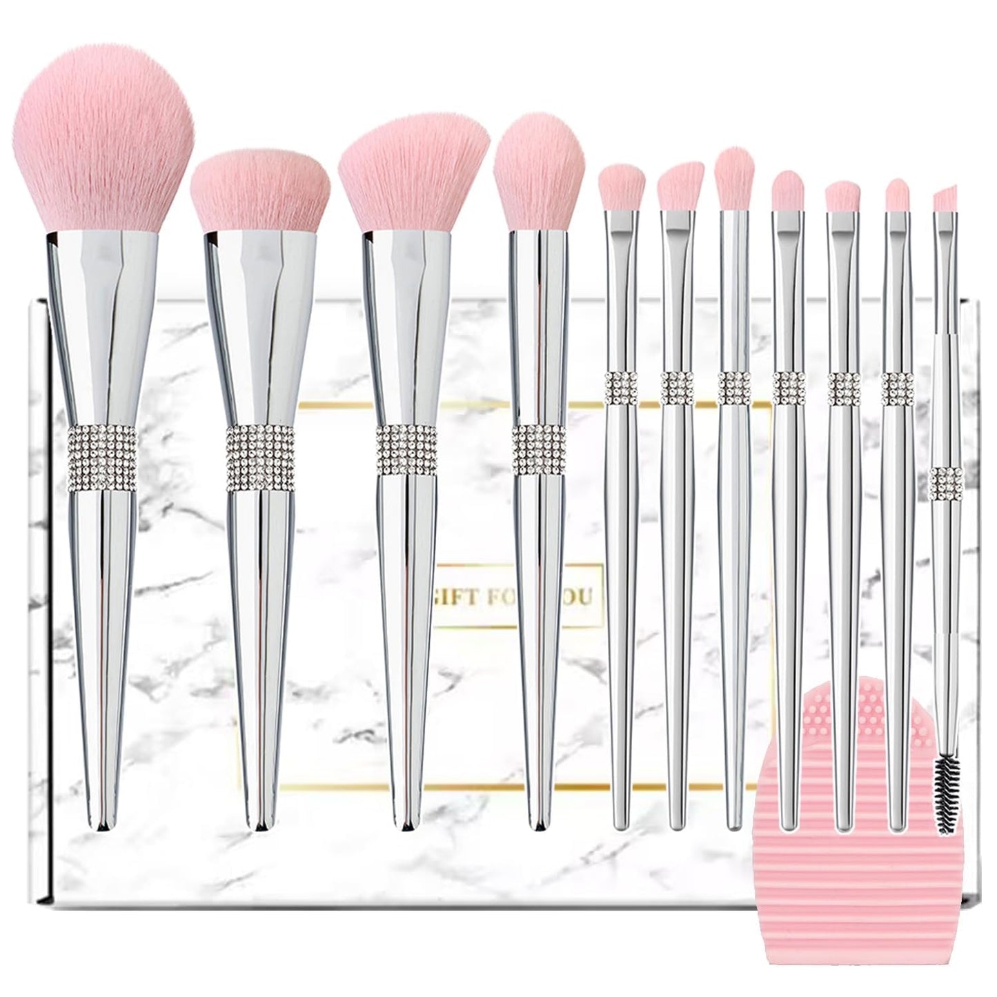 Silver Glitter 11PCS Makeup Brush Set Crystal Cosmetic Make Up Brush Kit with Gift Box, Soft Vegan Synthetic Hair for Foundation, Powder, Eyeshadow, Eyebrow & Lip for Girl