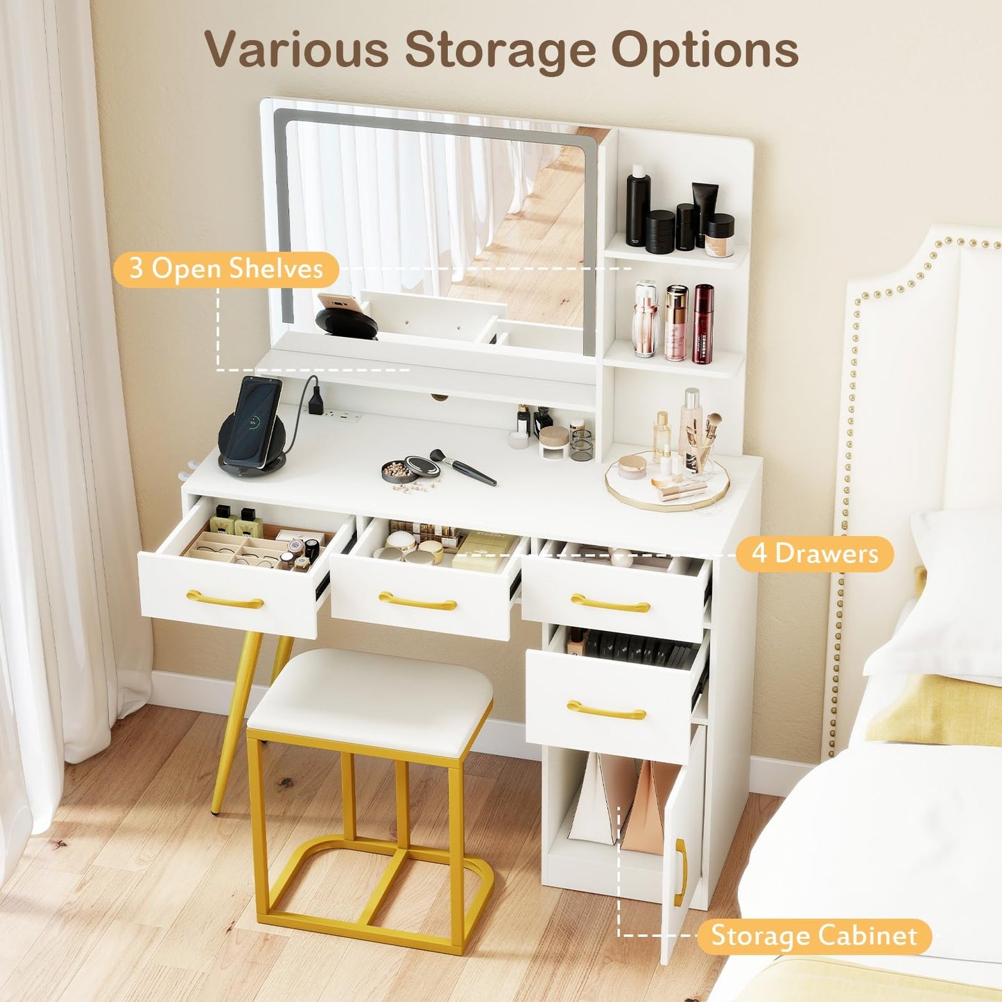 CHARMAID Vanity Desk with LED Mirror and Lights, Charging Station, 4 Drawers, Storage Cabinet & Shelves, Hair Dryer Holder, Modern Makeup Dressing Table with Stool for Bedroom, White & Gold