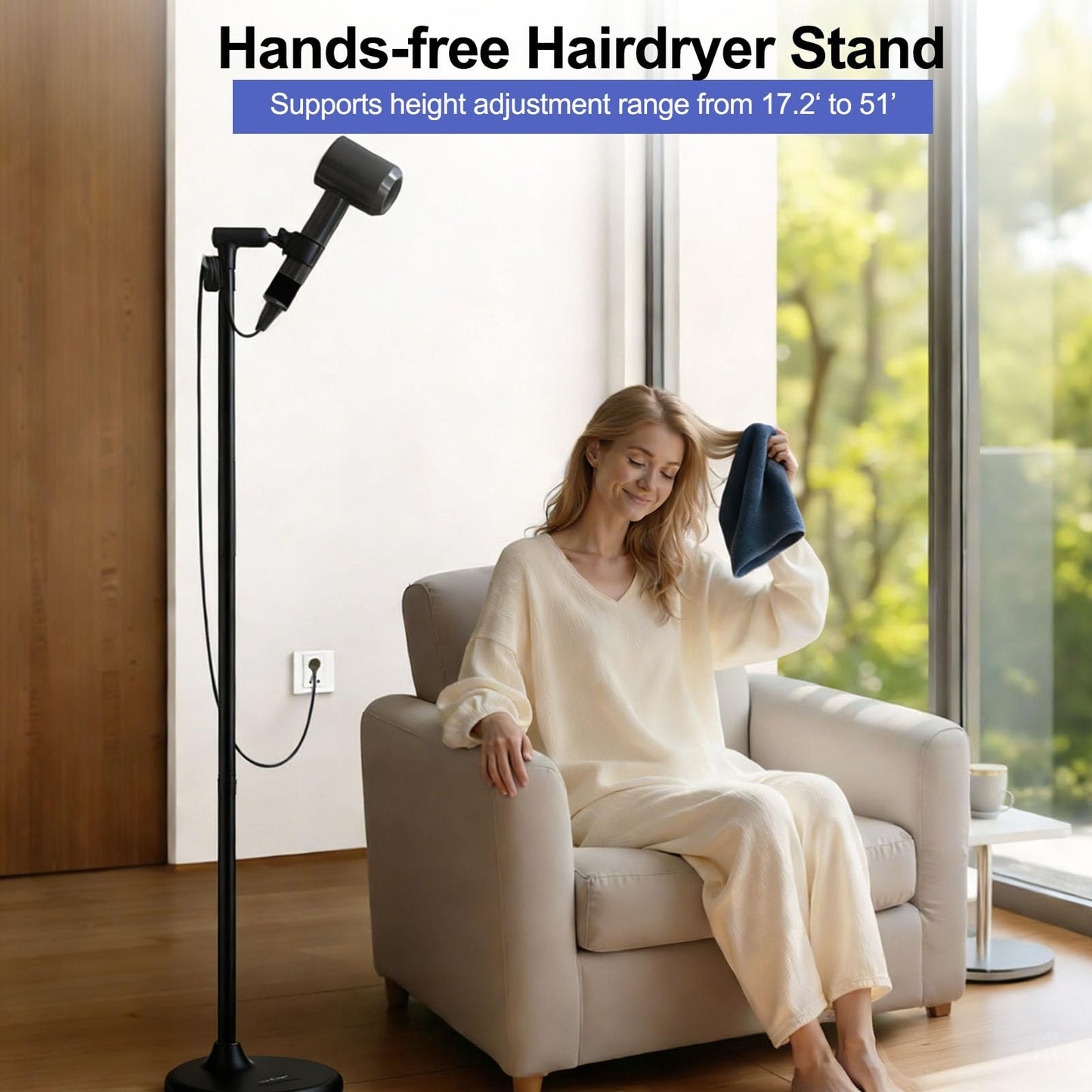 SENWELL-KA Hair Dryer Stand with 360 Rotating Head, Hands Free, Large Hook,Heavy Duty Base, Adjustable Height, TPU Padded Clip, Aluminum Alloy Holder for Home or Salon (Black)
