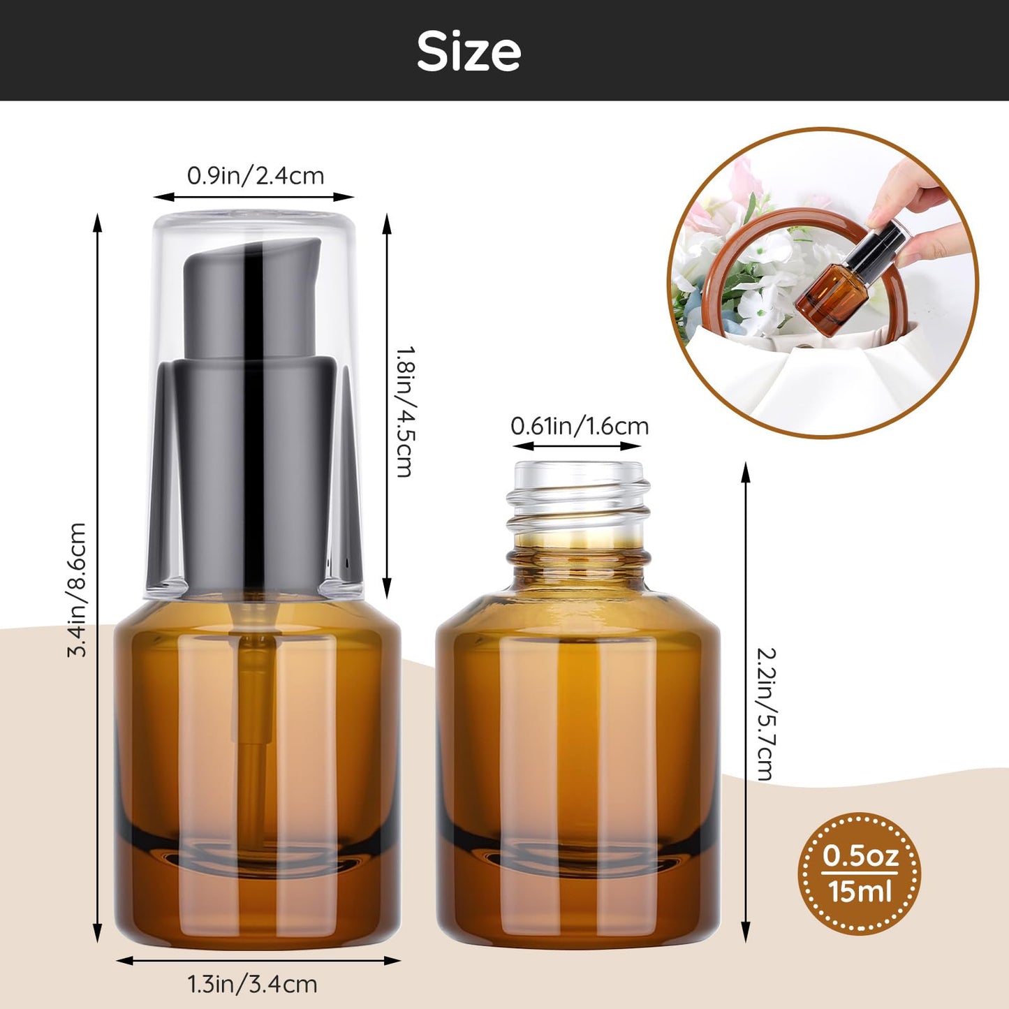 Segbeauty 0.5oz Glass Refillable Travel Bottles, 3pcs Lotion Pump Bottle Dispenser, 15ml Amber Mini Travel Containers for Creams, Lotion Dispenser with Pump, Small Sample Bottle Liquid Container