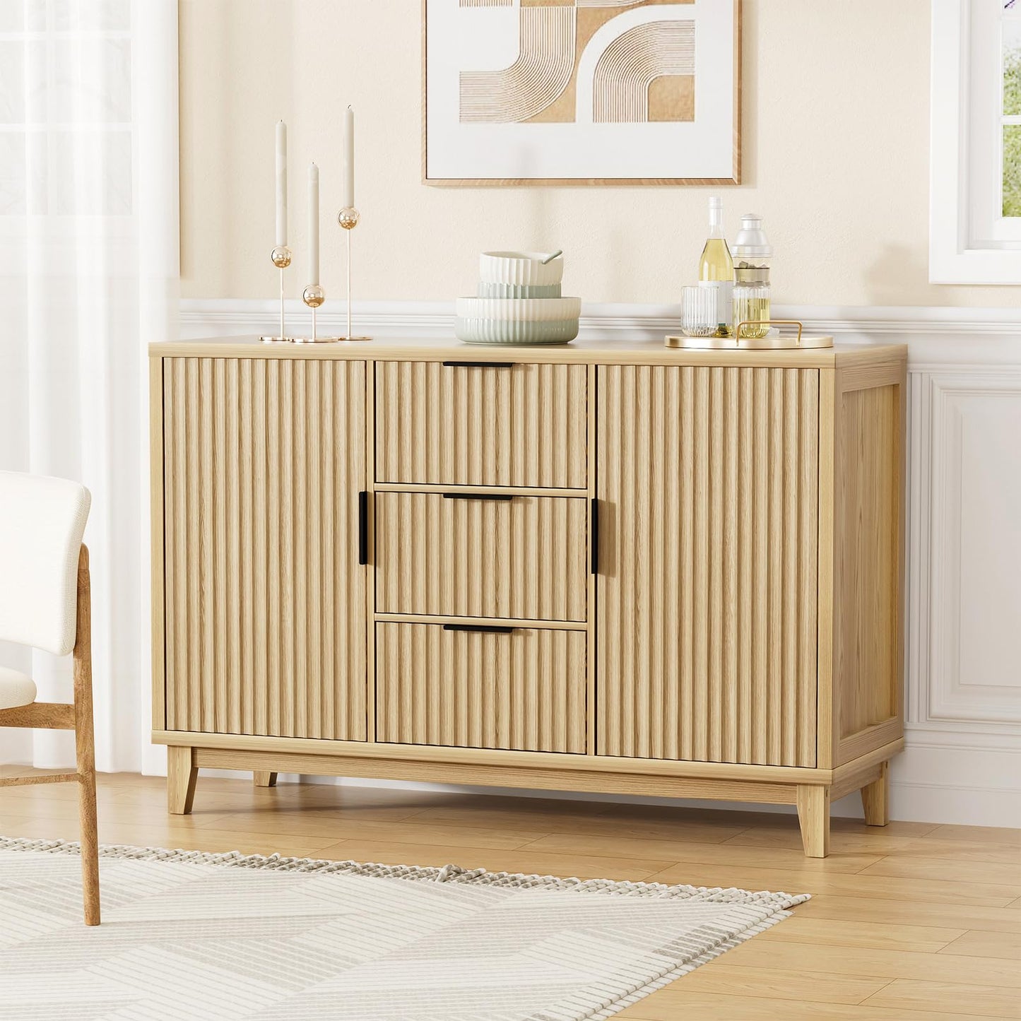47.2" W Storage Cabinet with 3 Drawers, Fluted Buffet Cabinet with Storage, Large Sideboard Cabinet with 2 Doors, Modern Mid Century TV Stand Coffee Bar Cabinet for Living Room, Kitchen, Entryway