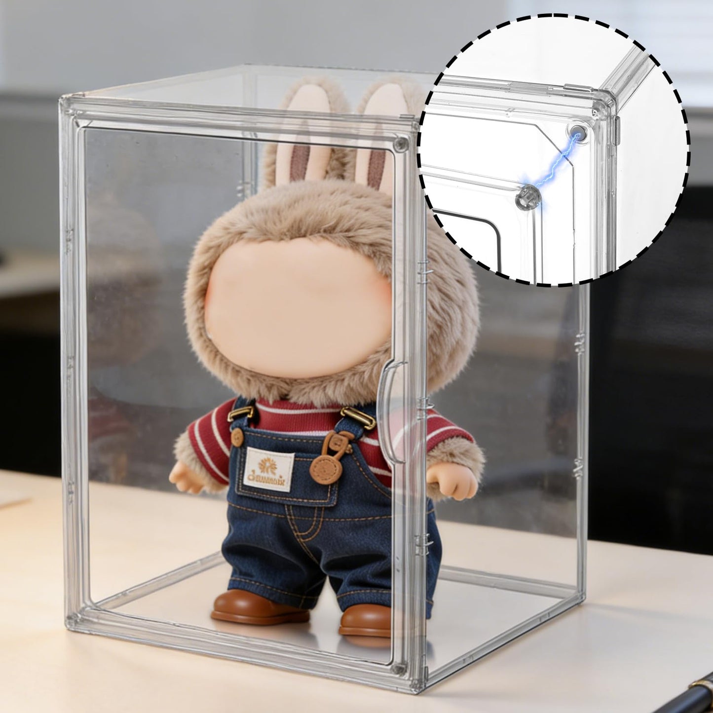 Display Case Compatible with Labubu 16 inches Height POP MART Doll, Acrylic Clear Dustproof Shelf Box with Magnetic Door, Stackable Storage Cabinet for Plush Dolls Showcase Fall in Wild