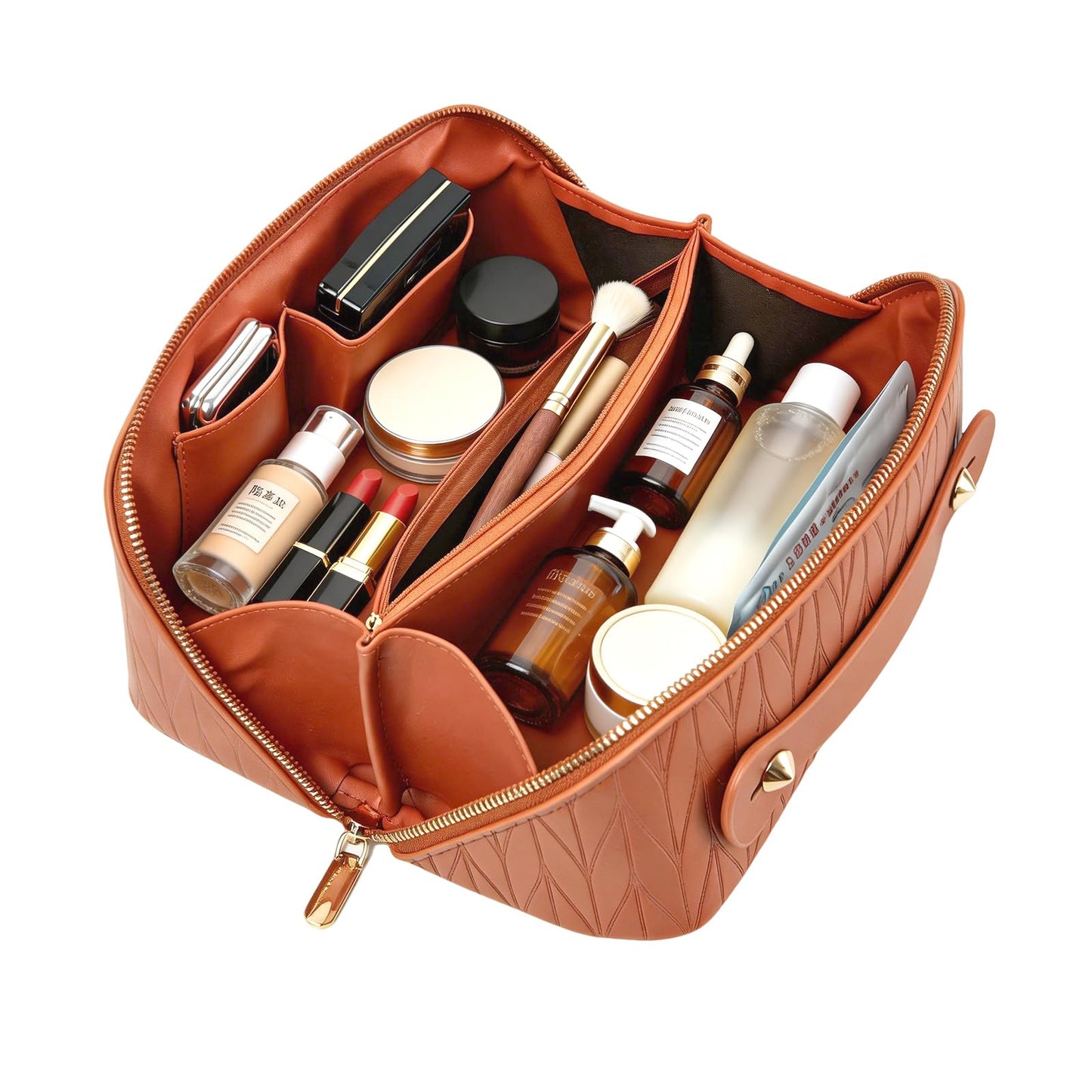 IDELCHOIS Travel Makeup Bag Large Capacity Cosmetic Bags for Women, Waterproof Toiletry Bag Open Flat Makeup Bag with Compartments and Handle, Portable Cosmetic Organizer Pouch, Wheat-Brown
