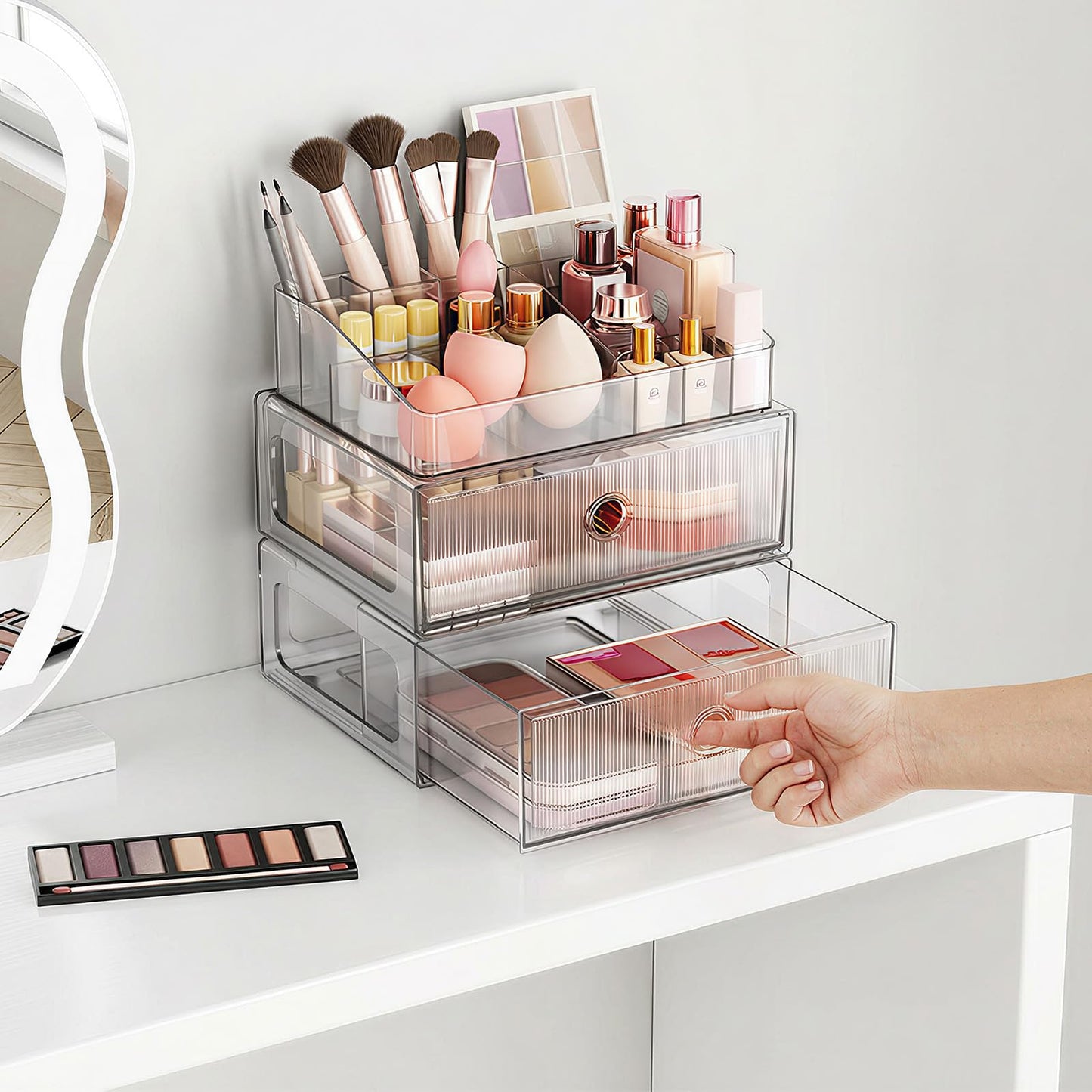 HOMETUK 3 Tier Clear Makeup Organizer with Drawer, PET Cosmetic Storage for Dresser, Countertop & Bathroom Vanity, Holders for Lipstick, Brushes, Skincare & Beauty Supplies