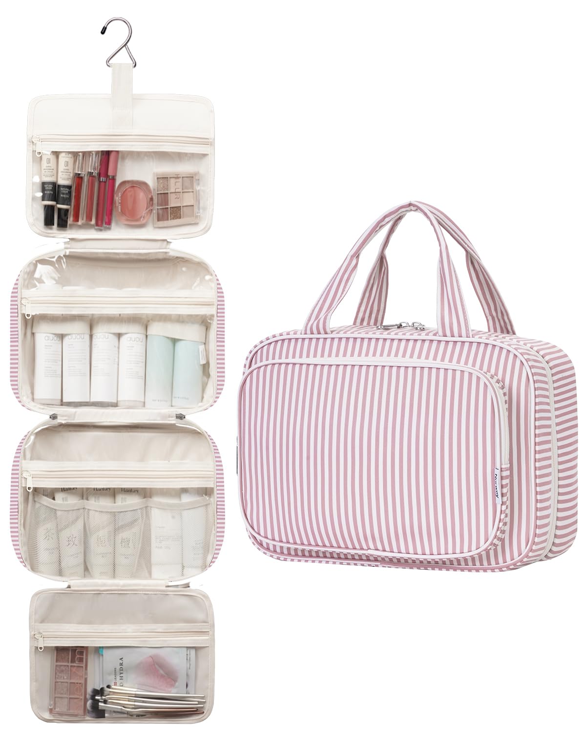 Narwey Striped Travel Toiletry Bag for Women Large Hanging Makeup Bag Organizer Toiletries Bag for Full Size Essentials Accessories Cosmetics (Dusty Pink Stripe (Large))