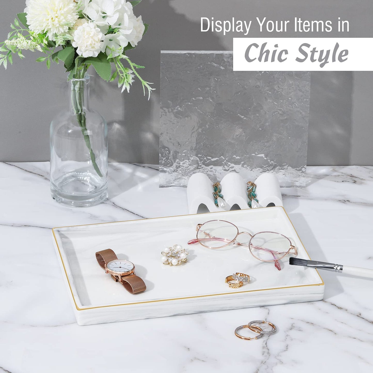 Shinowa Ceramic Vanity Tray, Bathroom Counter Tray Marble Finish Perfume Tray Rectangle Decorative Tray for Vanity Dresser Bathroom Countertop Living Room Kitchen, Large Size - Marble White