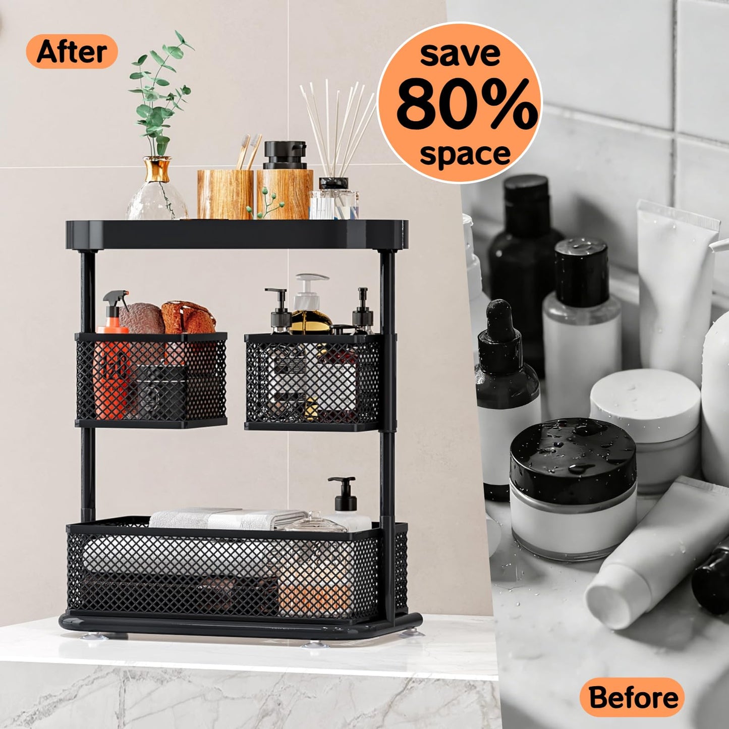 Dazioter 3-Tier Rotating Bathroom Organizer 360° Cosmetic Holder with Anti-Slip Base for Countertop, Vanity, Kitchen Spice Rack Metal Storage Shelf (Black)
