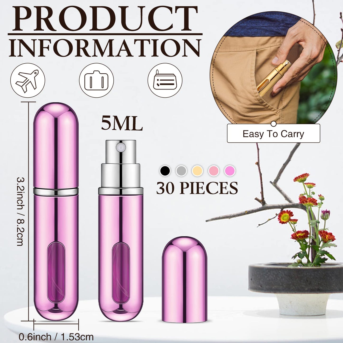 Remerry 30 Pcs 5ml Refillable Perfume Atomizer Mini Refillable Spray Bottle with 10 Refill Dispenser Pump Transfer Tool Portable Small Plastic Scent Pump Bottle for Travel Outgoing(Multi Colors)