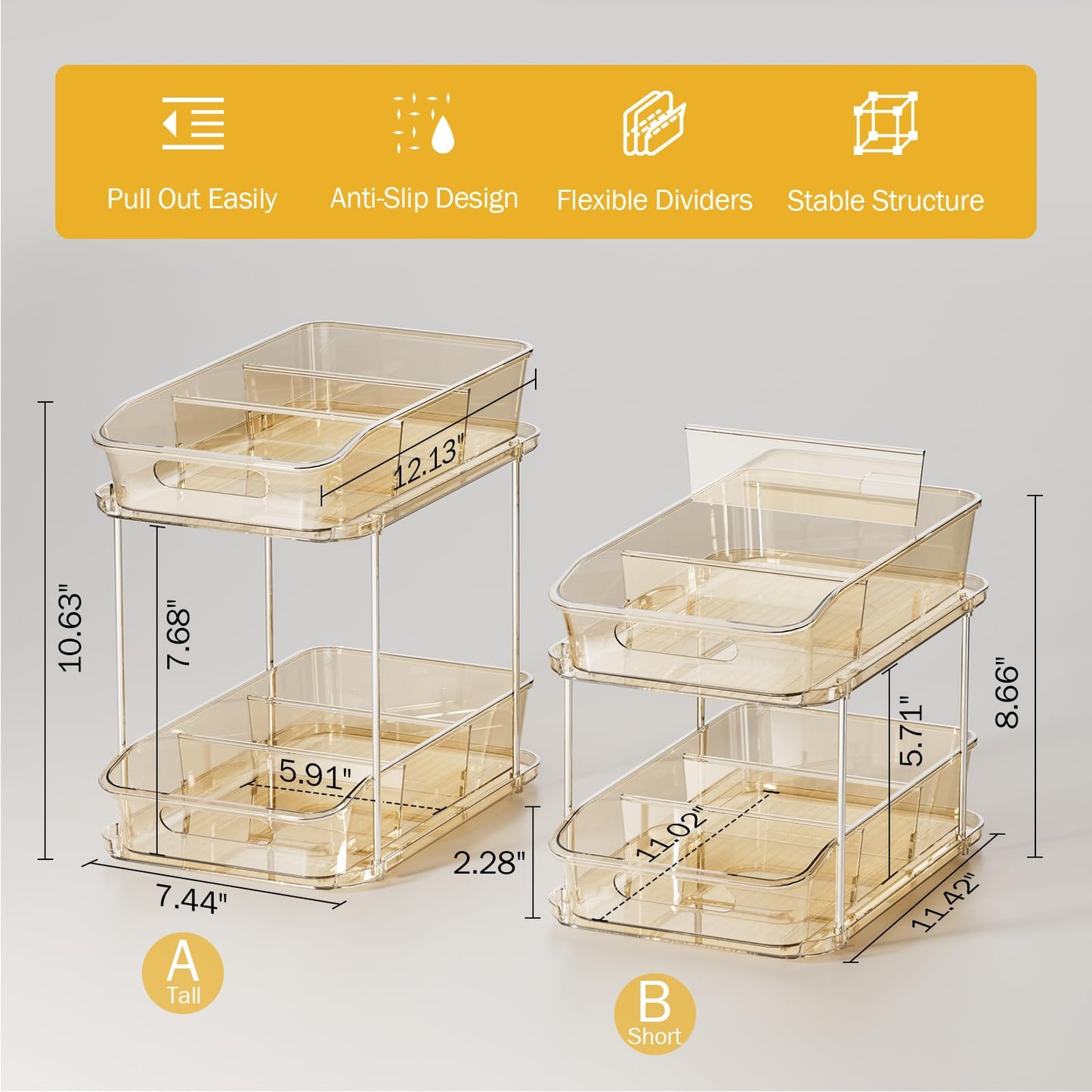Delamu 2-Tier Under Sink Organizers and Storage, Multi-Purpose Stackable Bathroom Cabinet organizers, Pull Out Kitchen Pantry Organization and Storage with Dividers(2 Pack, Amber)
