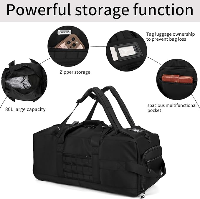 80L Waterproof Rolling Duffel Bag with Quick-Release Straps, Military Tactical Wheeled Foldable For Deployment Traveling Camping Sporting (Black+Drawstring bag)