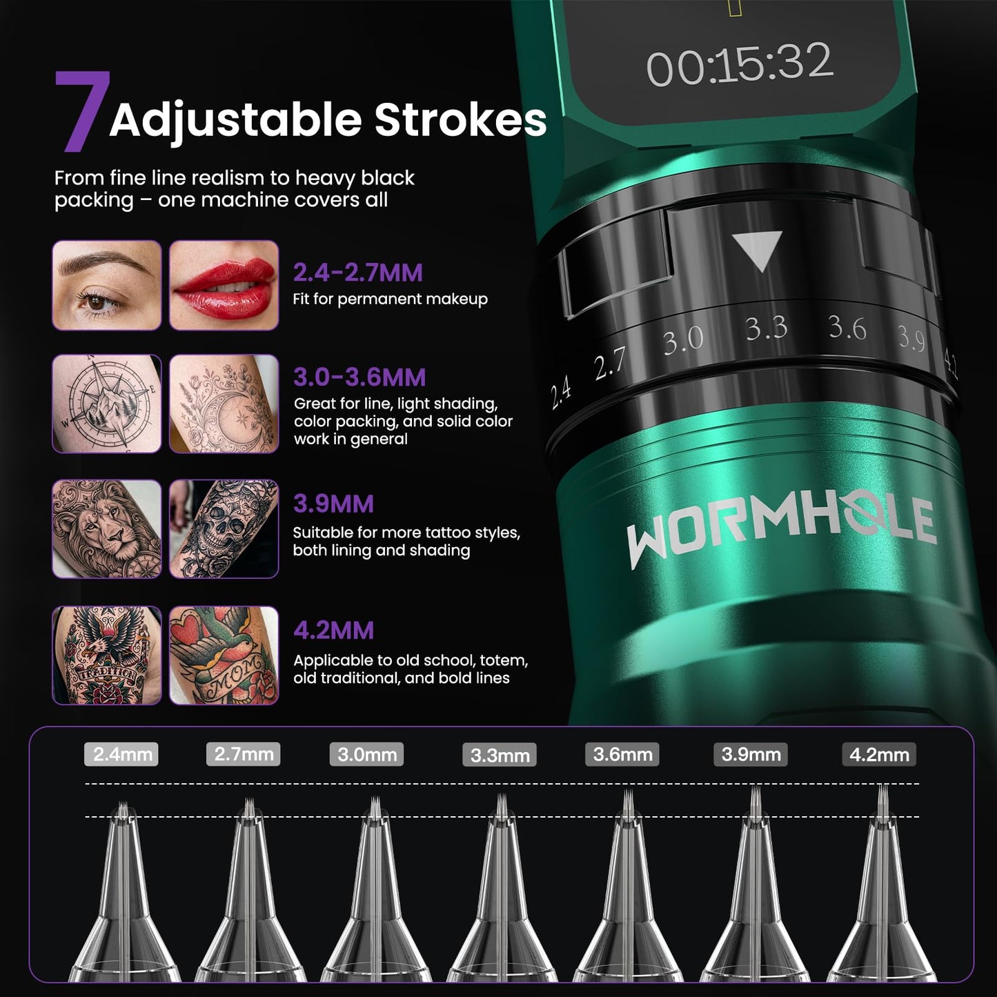Wormhole 2PCS 2,300mAh Batteries Tattoo Gun Kit 8PCS 30ML Tattoo Inks Wireless Tattoo with 7 Adjustable Strokes Smart Display with 4 Memory Storage 3 Working Modes for Artist WTK0293