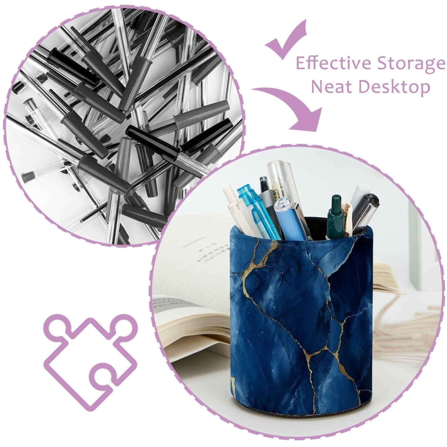 DragonBtu Faux Leather Pen Holder for Desk, Pencil Organizer Blue Gold Marble Texture Pen Cup Desk Decor Makeup Brush Holder Storage for Office Home