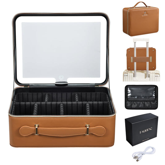 Faquenc Leather Makeup Case with LED Lighted Mirror 11.4 Inch Travel Makeup Bag Adjustable Brightness in 3 Colors Cosmetic Organizer Artist Storage Bag with Dividers Brush Holder Bag Vanity Brown