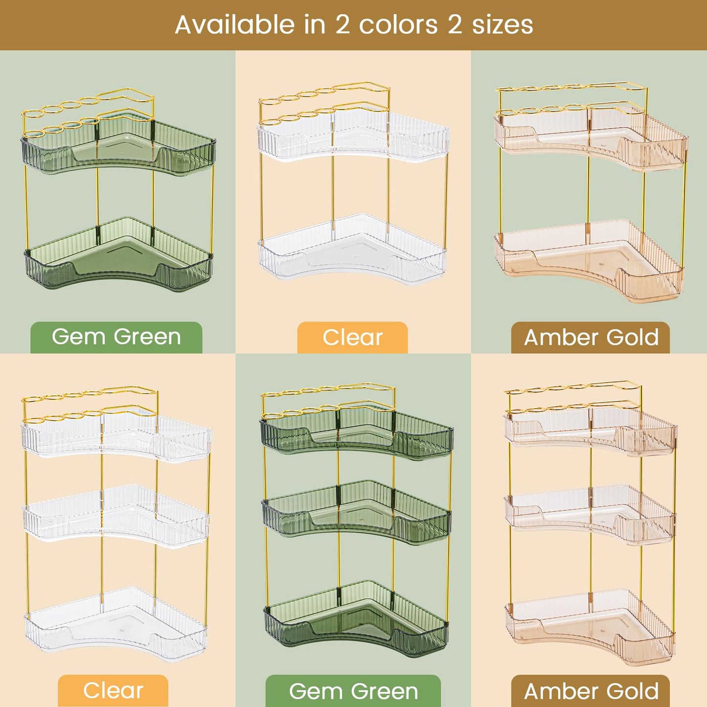NATURE'S SOURCE Makeup Organizer for Vanity, 3-Tier Corner Bathroom Organizer Countertop with Makeup Brush Holder, Bathroom Counter Storage for Dresser-Amber Gold