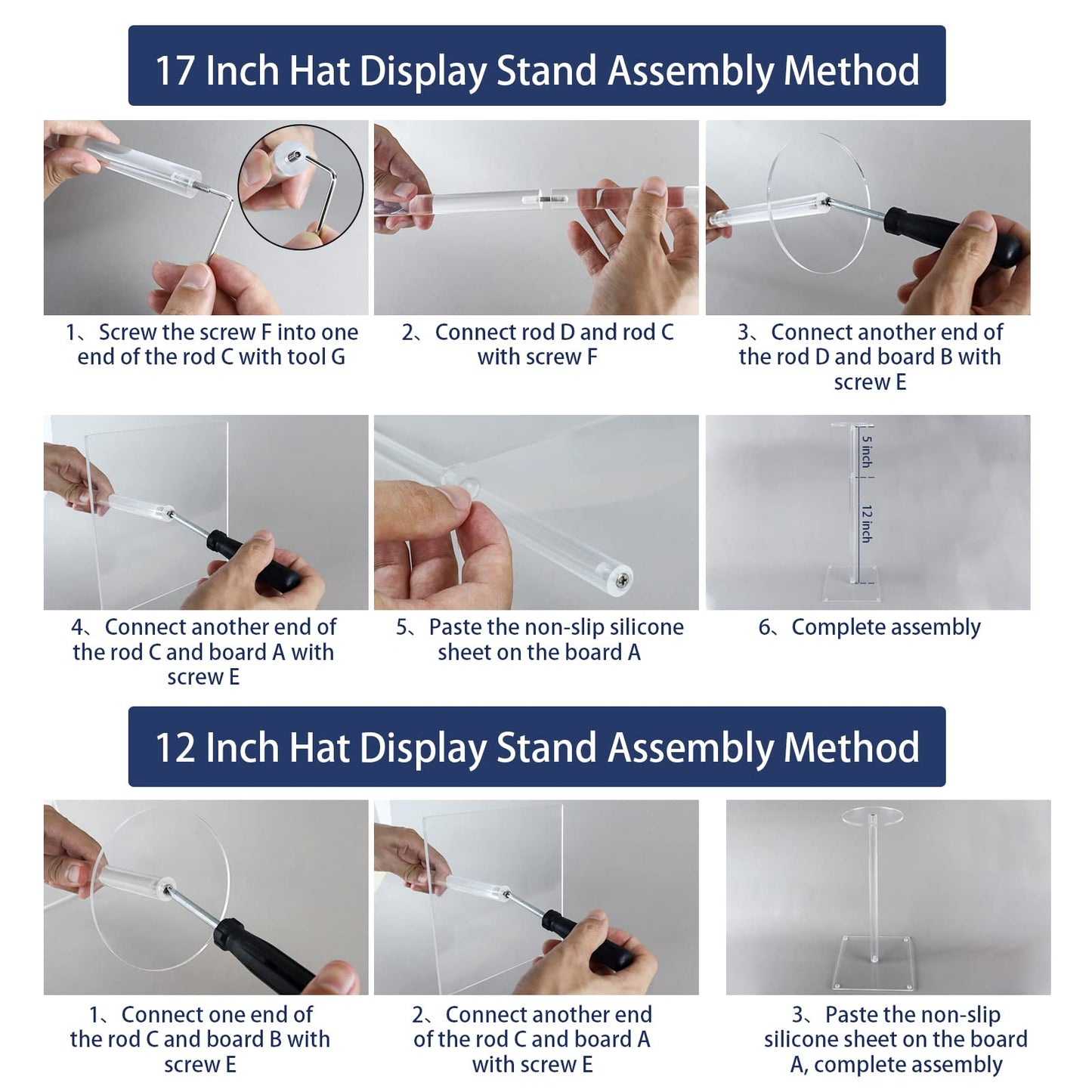 RSSCIIIUL Acrylic Hat Stand and Wig Display Rack, 2pcs 17" Clear Hat Stands for Display, Adjustable Height Hat Holder, Square Barbell Base Display, Hat Rack Stand for Display Jewelry Watch Helmets