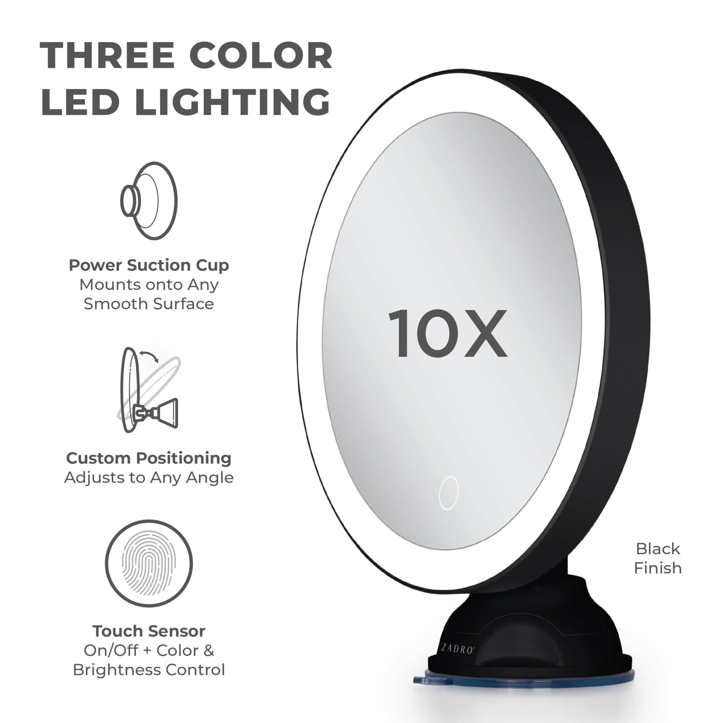 Zadro Zado 8.25-Inch x 6.9-Inch Round LED Lighted Wall Mounted Suction Cup Makeup Mirror with 10X Magnification and Touch Controls (Black)