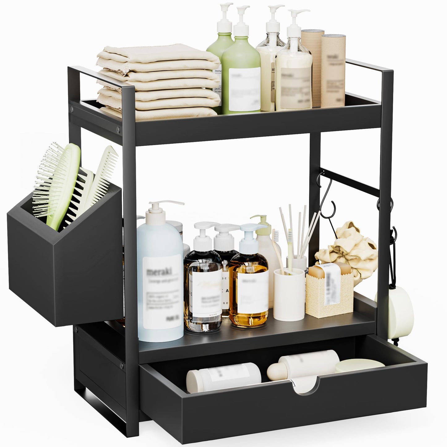 2-Tier Bathroom Counter Organizer with Drawer and Basket, Wood Countertop Organizer for Storage, Skincare Organizers for Vanity, Counter Shelf for Bathroom Organization, Black