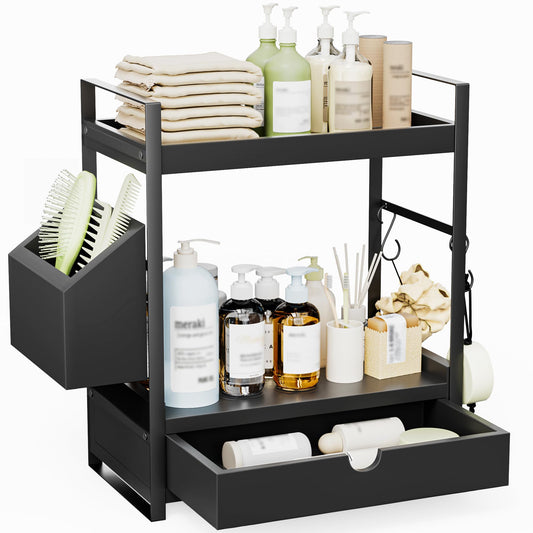 2-Tier Bathroom Counter Organizer with Drawer and Basket, Wood Countertop Organizer for Storage, Skincare Organizers for Vanity, Counter Shelf for Bathroom Organization, Black