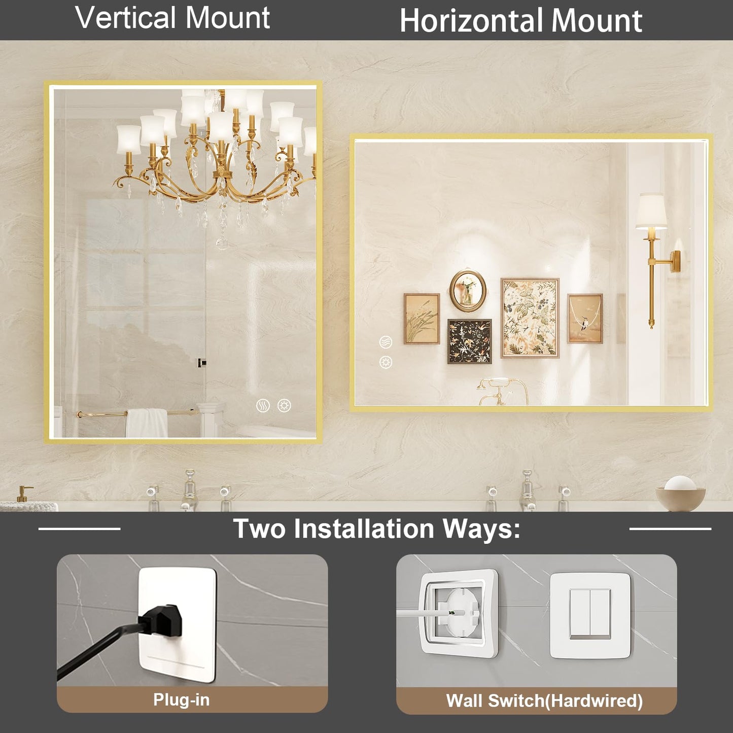 FTOTI 24x32 Inch LED Bathroom Mirror with Lights,Gold Frame