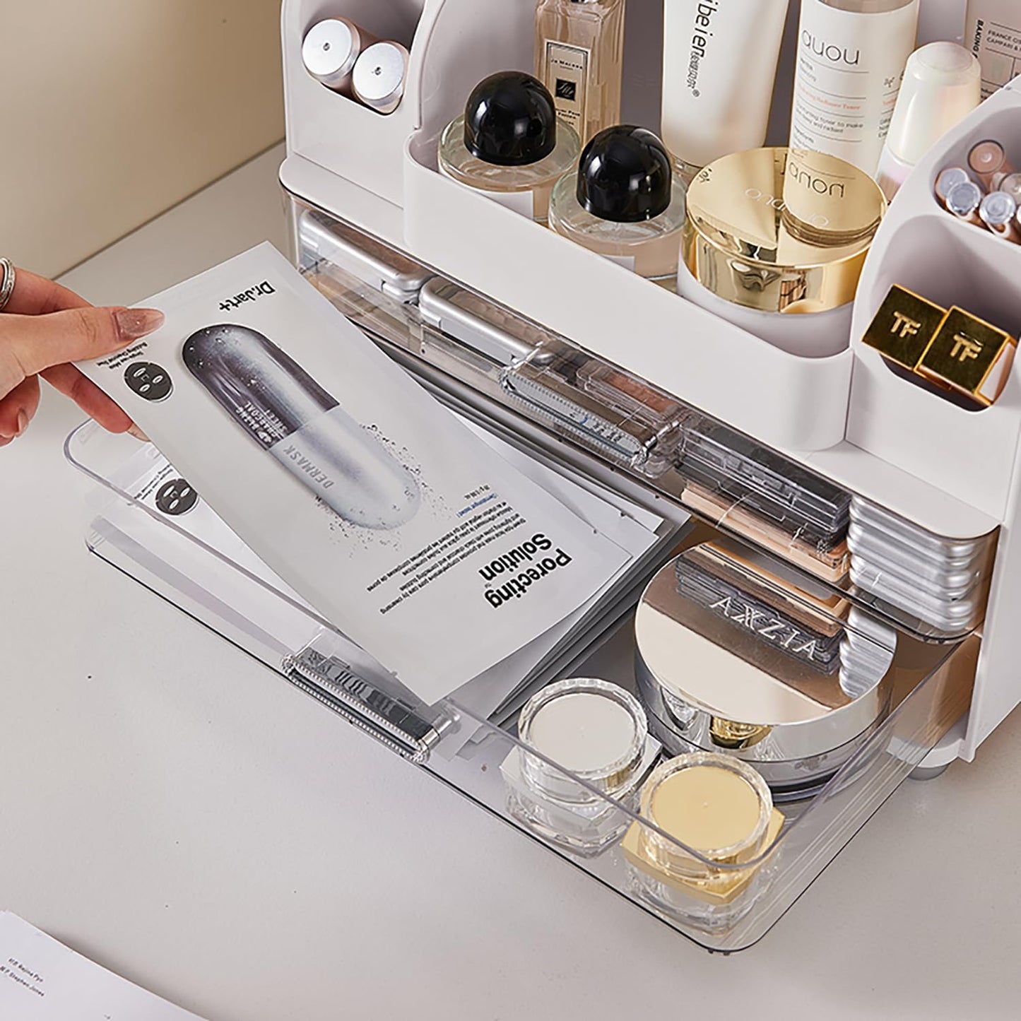 Makeup Organizer with Drawers for Vanity,Bathroom Countertop Organizer with Brushes Holder,Skincare Storage Organizer,Perfect Cosmetic Display Case for Skincare,Lipstick and Beauty Essential (White)