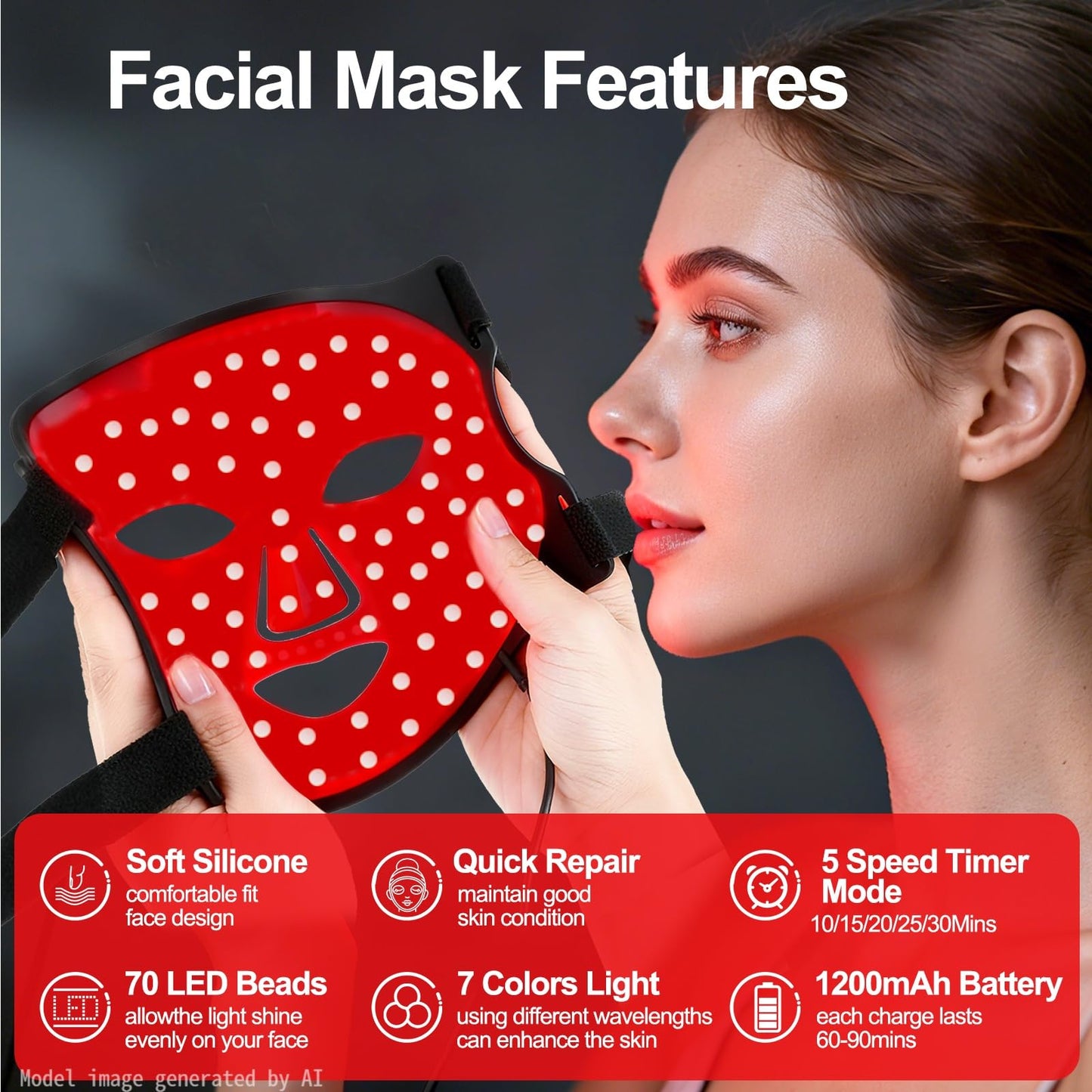 YuRui TENG Red Light Therapy for Face 7 -color light modes，3-in-1 Fusion LED Beads, 1200mAh red light therapy face mask with timer, suitable for home use ， Brighten and tighten skin tone (Black)