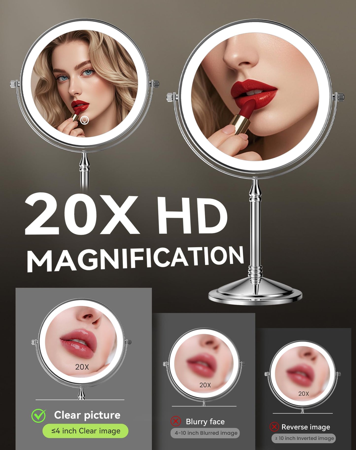 DOWRY 4000 mAh Rechargeable Lighted Makeup Mirror 20x Magnification Vanity Mirror Tabletop Two-Sided Swivel Gifts for Women Wife Mom Teengirls Mothers Day Chrome