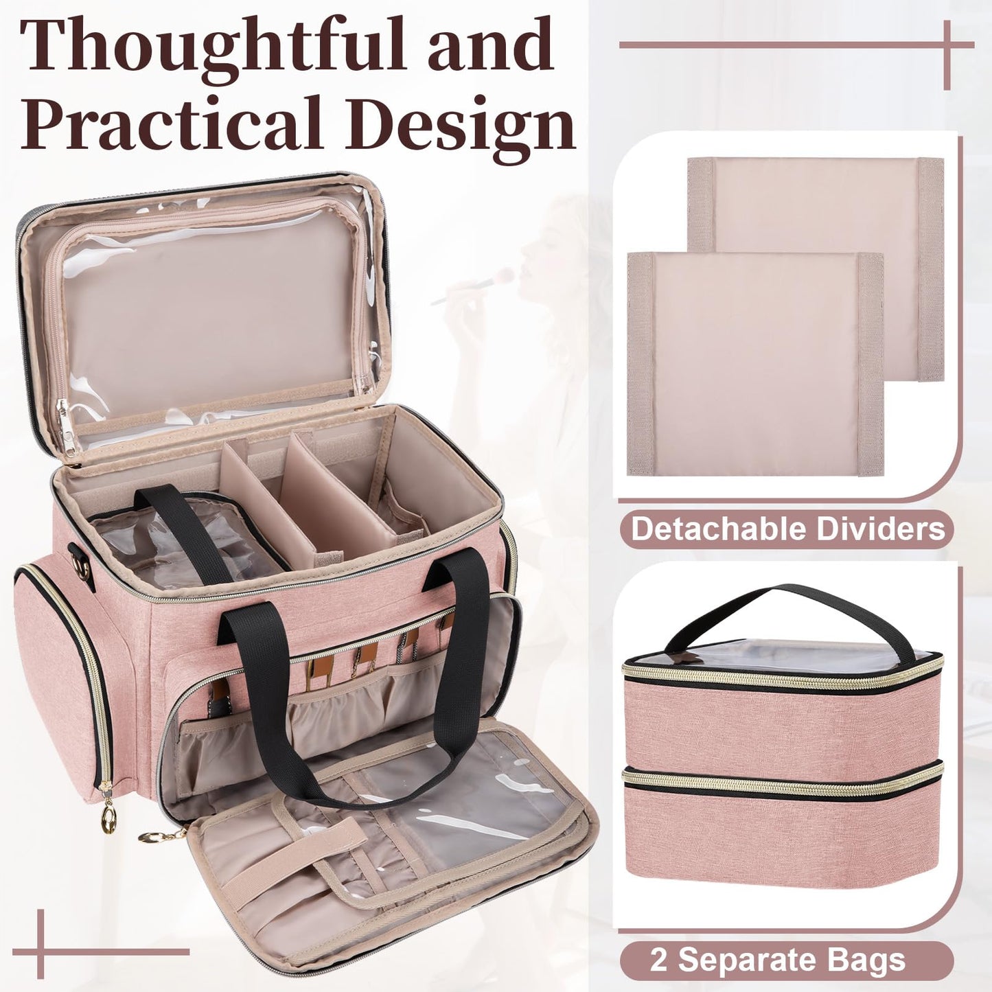 GDNasist Large Makeup Bag, Portable Travel Makeup Bag Organizer for Women Girls with 2 Removable Pouches & Detachable Dividers, Cosmetic Travel Bag, Toiletry Bag for Makeup and Hair Supplies Pink