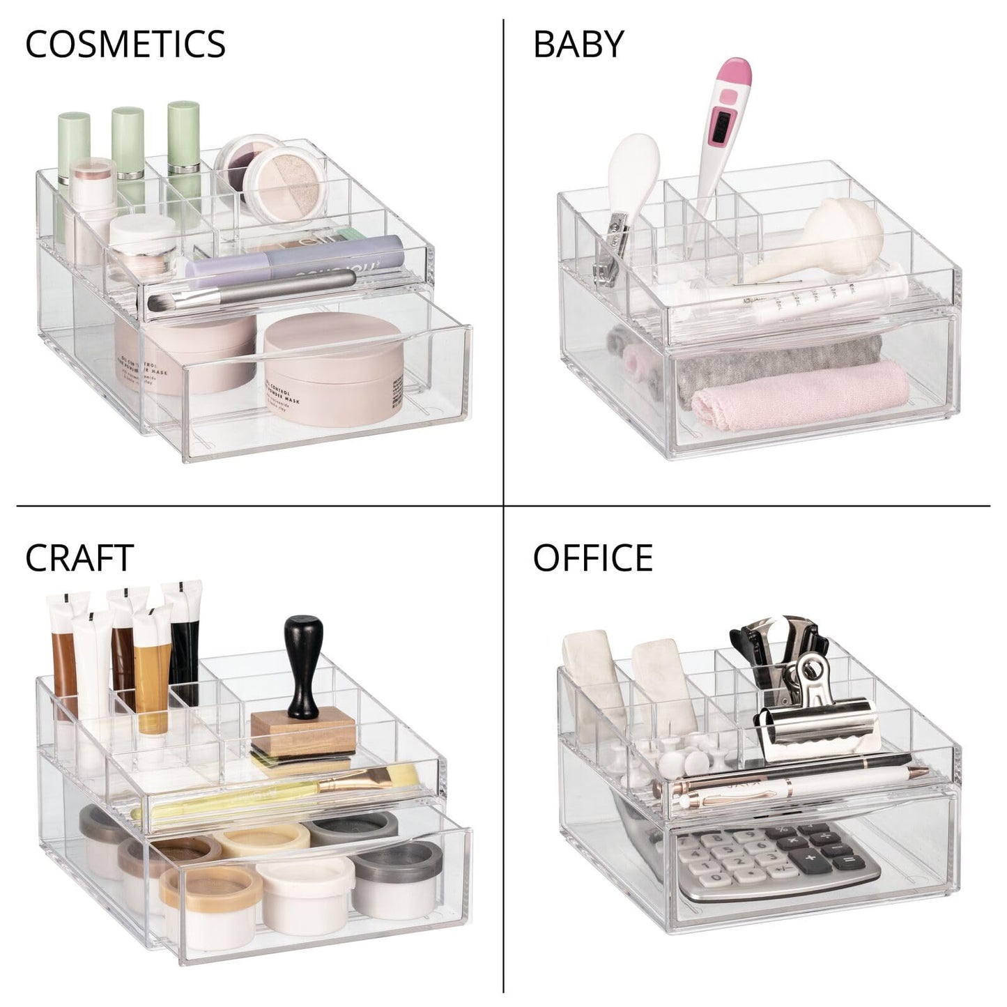 mDesign Plastic Divided Makeup Organizer Holder Bin with Front Drawer for Bathroom Vanity, Countertop Storage - Cosmetic Organization Holds Palettes, Brushes, Accessories - Cadi Collection - Clear