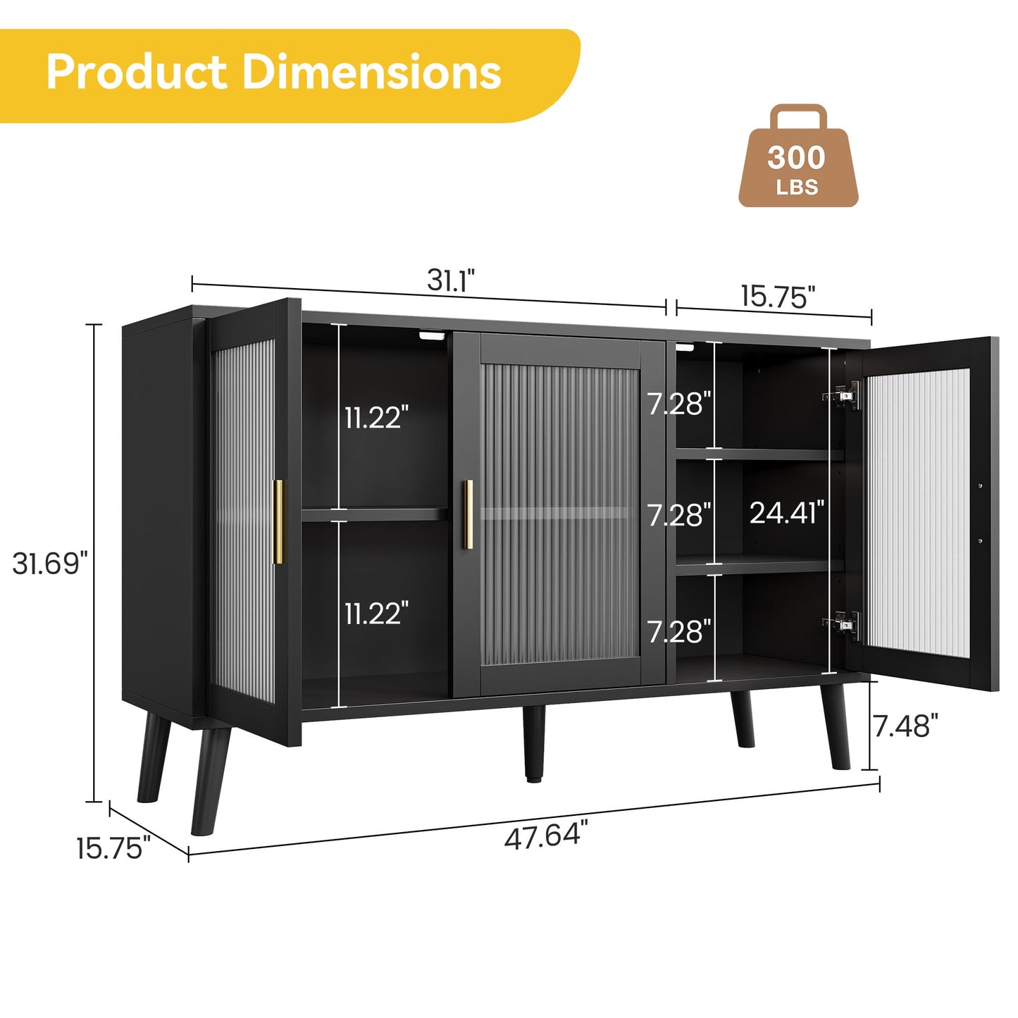 Reljofum Buffet Cabinet with Storage, 48" Large Sideboard Cabinet with 3 Fluted Glass Doors, Black Cabinet for Kitchen, Dinning Room, Hallway, Living Room