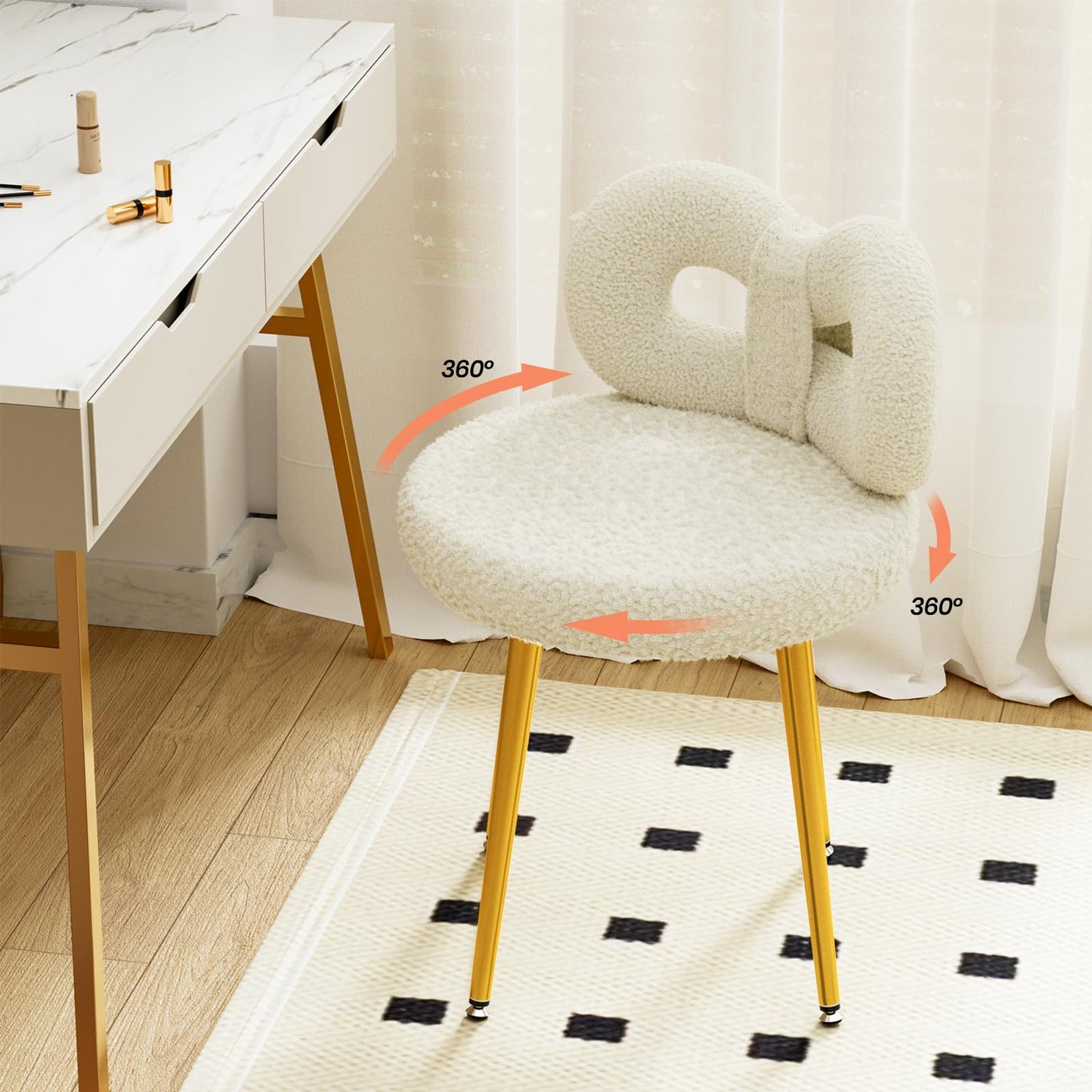 ROOMTEC Vanity Chair with Back, Swivel Makeup Chair with Upholstered and Golden Metal Legs for Living Bedroom and Makeup Room, Off-White