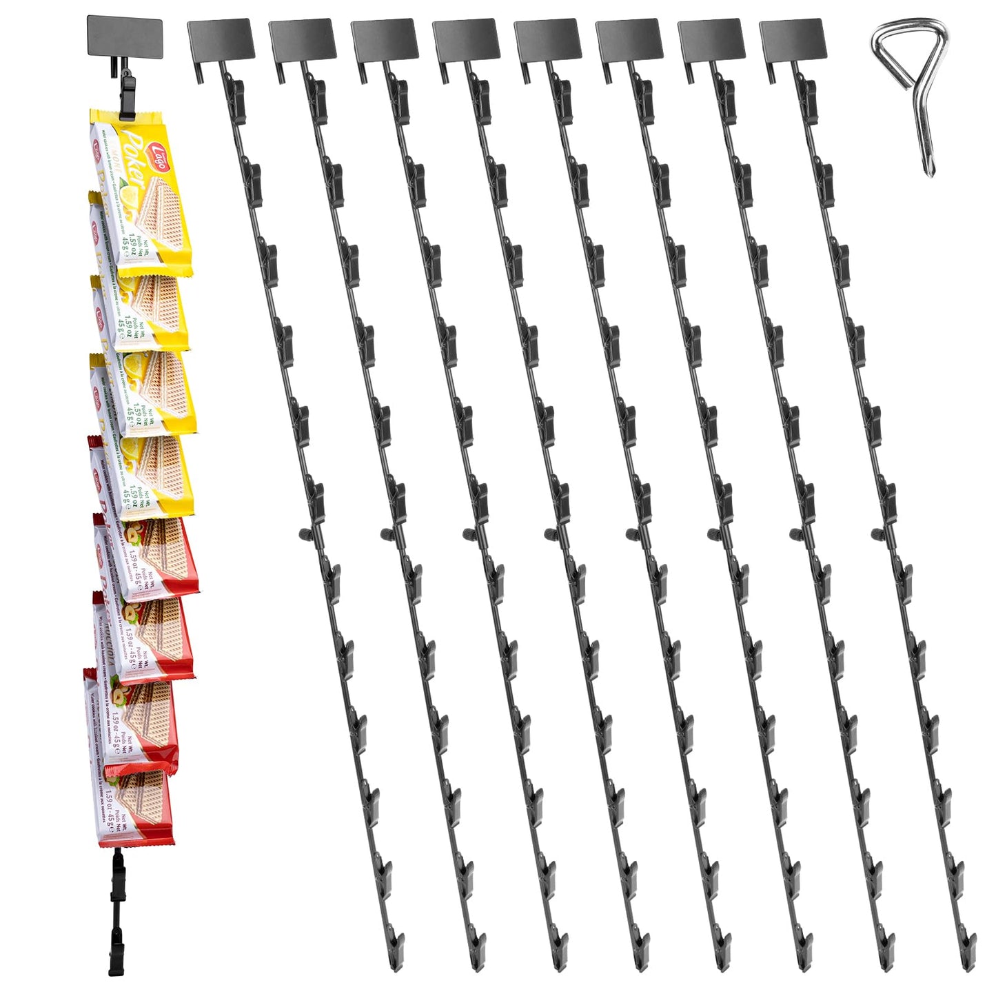 Oleitodh 9Pcs Hanging Merchandise Strips with Hooks, 31 inch Metal Retail Display Rack with Label Header, Chip Rack for Potato Chips, Snack, Party, Collection