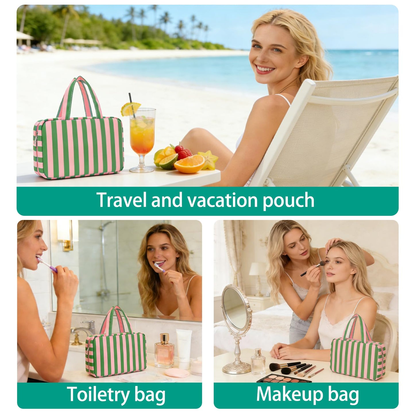 Apxouans Toiletry Bag for Women Travel Water-resistant Cosmetic Bag Fashion Stripes Makeup Bag with Hanging Hook Preppy for Store Toiletries Cosmetic Accessories Medium Green
