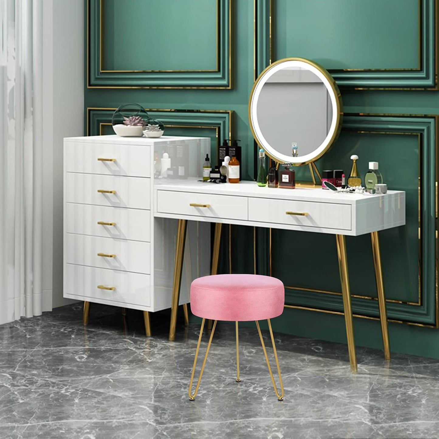 GERANT Multifunctional Vanity Stools - Velvet Round Ottoman Modern Dressing Stool -Upholstered Footrest Stool - Side Table Footstool with Golden Metal Leg for Living Room, Bedroom (Pink)
