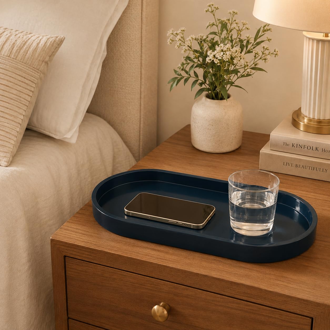 QOLyabnbn 12" Bathroom Counter Tray,Vanity Tray,Decorative Tray,Perfume Tray,Jewelry Tray, Coffee Table Tray,Soap Tray, Thickened Small Tray for Makeup,Perfume,Candles,Keys,Trinkets,Dark Blue,1 Pack