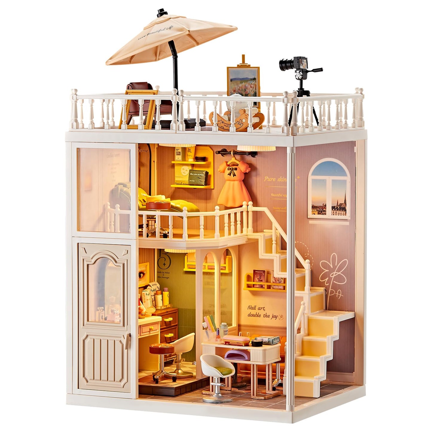 DIY Miniature House Kit Beauty Salon – 203 Piece Tiny House Dollhouse Mini Room with LED Light, Nail Art Studio & Makeup Room, Cozy Creative Craft Gift for Kids 8+ & Teens