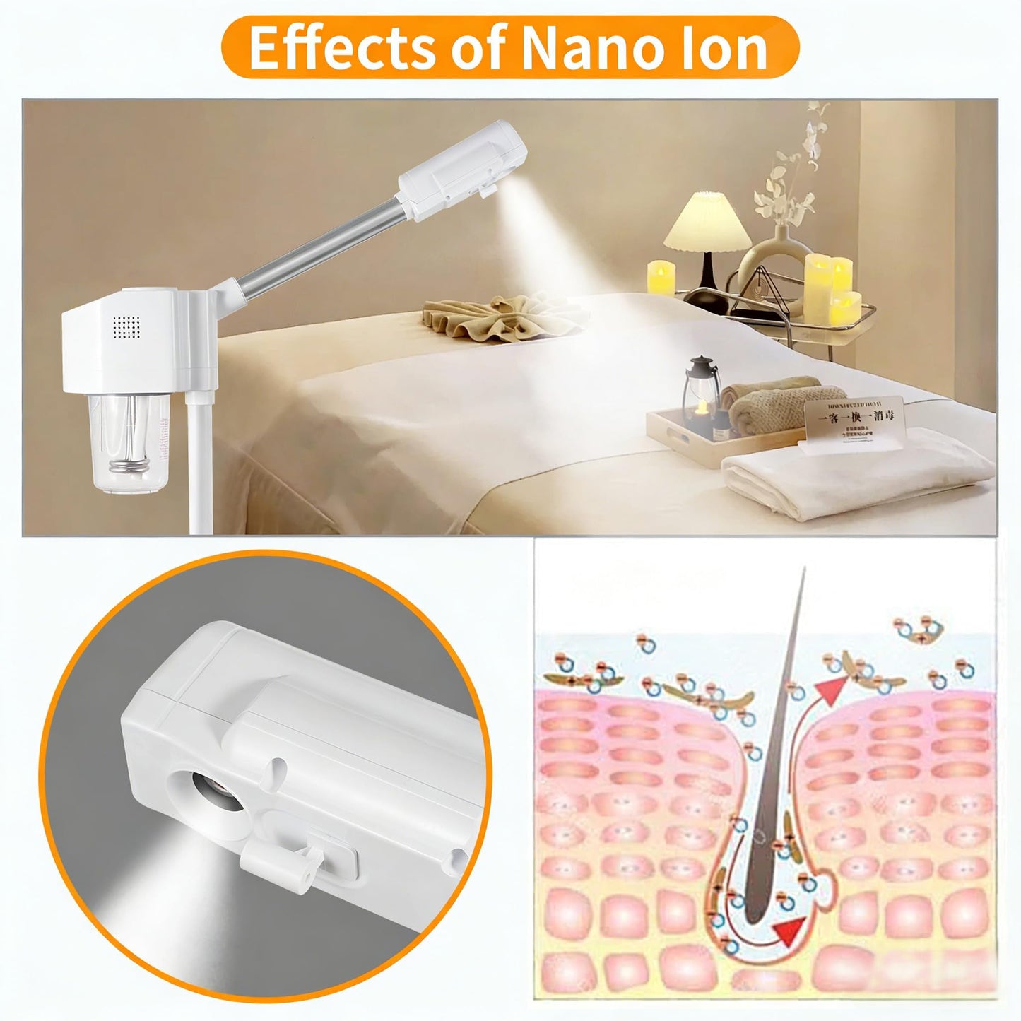 Professional Facial Steamer, Hot Mist Spray, Vaporizador Facial Steamer for Esthetician, Height Adjustable, SPA at Home, White
