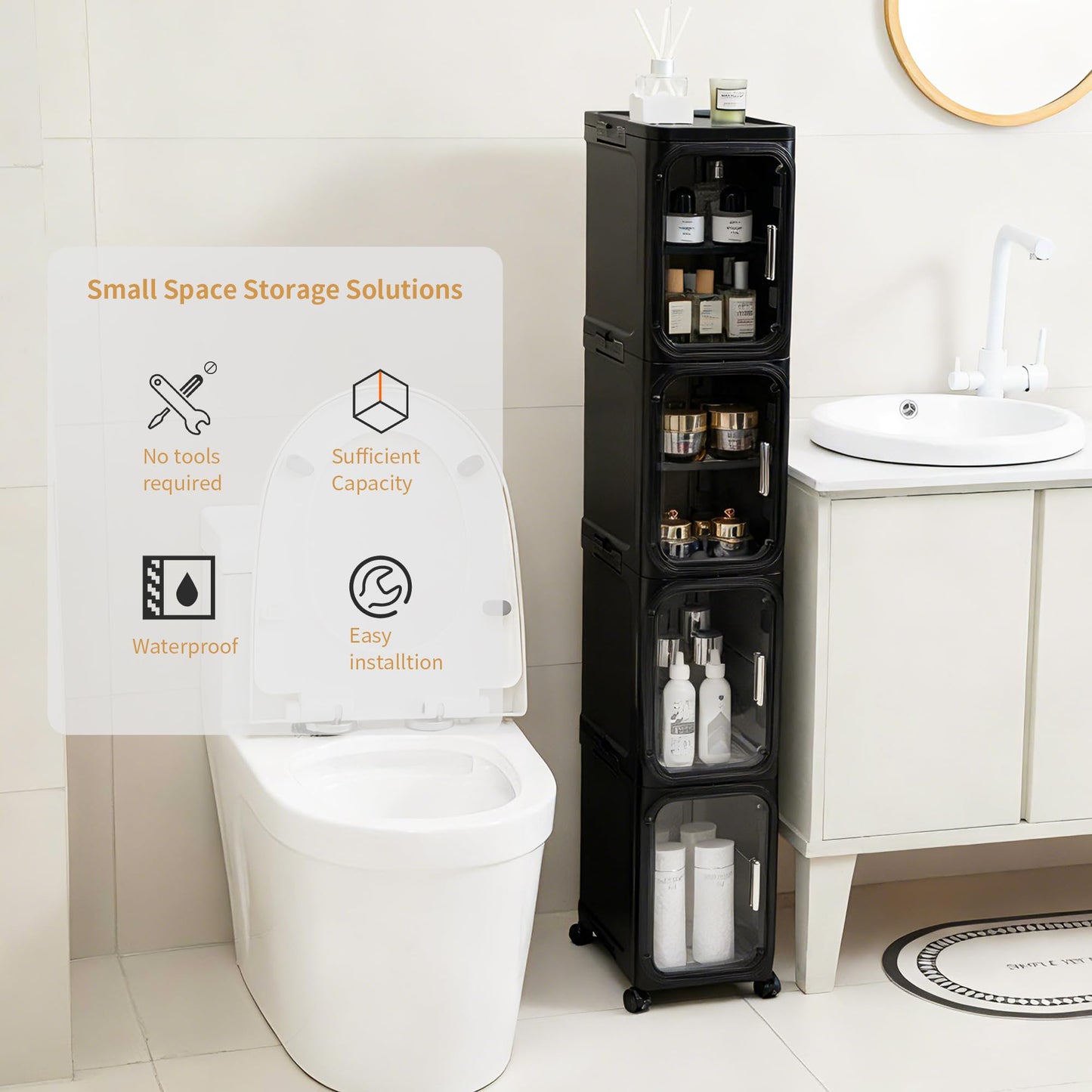 Lifelongpal 4-Tier Tall Narrow Slim Bathroom Storage Cabinet, Black