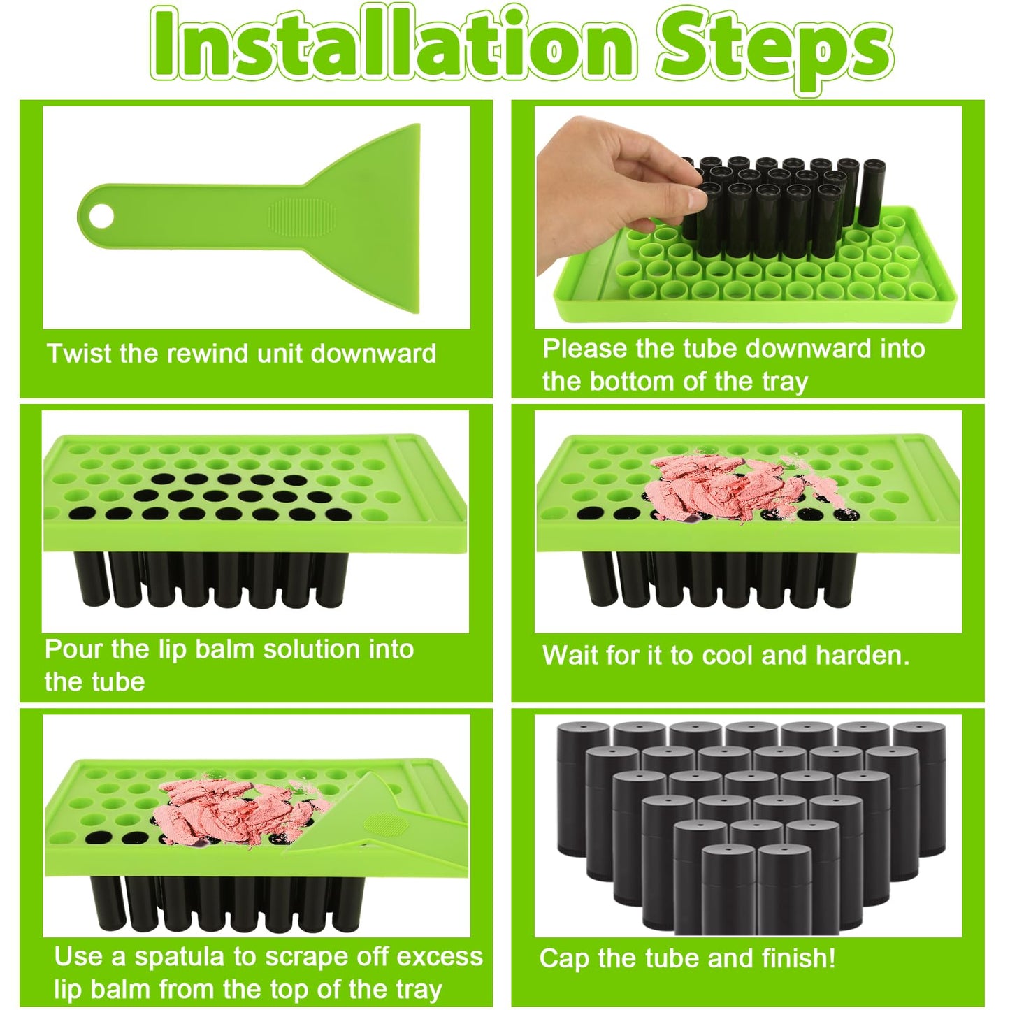 LANIAKEA 150PCS Lip Balm Tubes with Filling Tray and Spatula Set, Black Lip Balm Containers with Black Caps, Empty Chapstick Tubes Bulk for DIY Lipstick Homemade 3/16 Oz (5.5 ml)