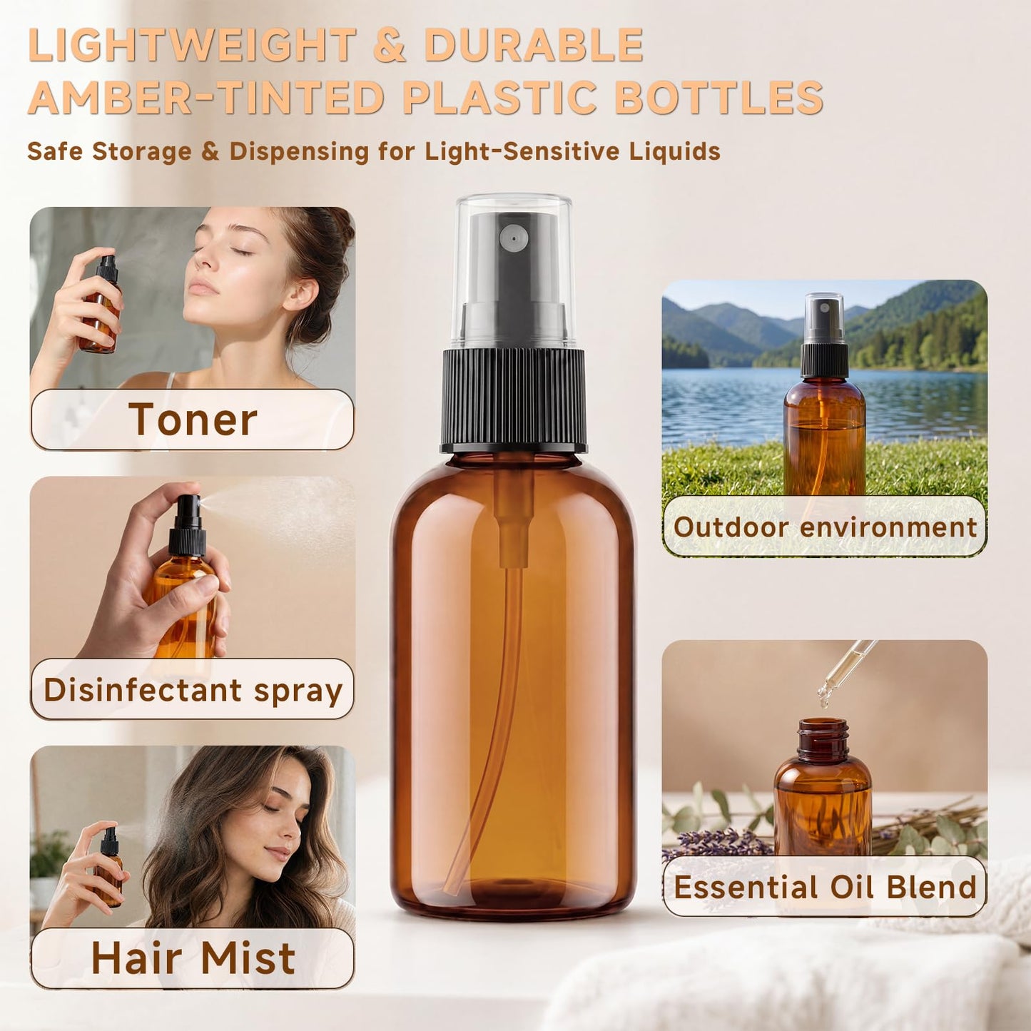 WINTECY 2 oz Amber Small Spray Bottle, Empty Spray Bottles plastic spray bottles Fine Mist Spray for Hair, Travel, Plants, Cleaning Solutions and Skin Care (48)