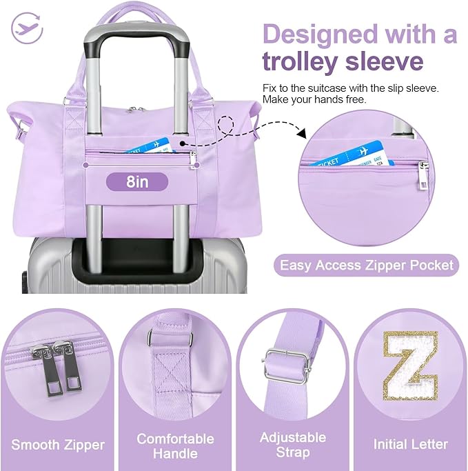 Dance Gym Duffel Bag for Teen Girls, Personalized Initial Travel Weekender Bag,Cute Overnight Carry On Duffle for Women,Sports Travel Cheer Bag,Monogram Christmas Gifts for Tween Preppy(purple-Z)