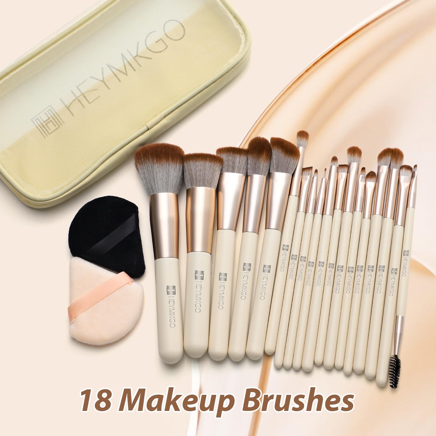 HEYMKGO Makeup Brushes Set, 18pcs Professional Brushes Set with 2 Powder Puff & Travel Bag, Premium Synthetic Foundation Powder Blush Blending Face Brush Kit, Eyeshadow Set Makeup Brushes & Tools