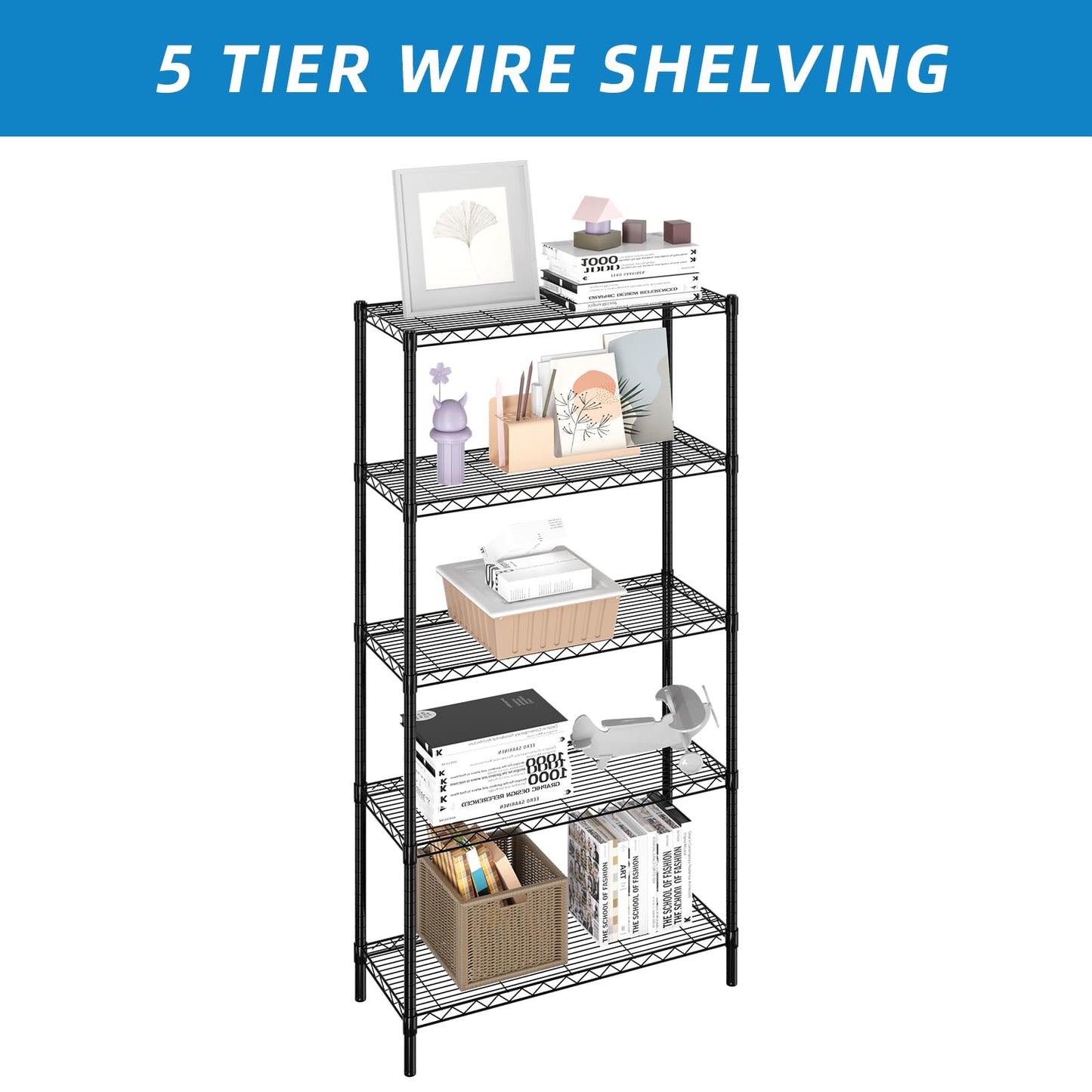 Guan River 5-Shelf Adjustable Metal Shelf Wire Shelving Unit Storage Rack Display Shelf for Office,Kitchen,Bedroom,Bathroom,Laundry,Pantry Basement,Garage(Black,36" L x 14" W x 72" H)