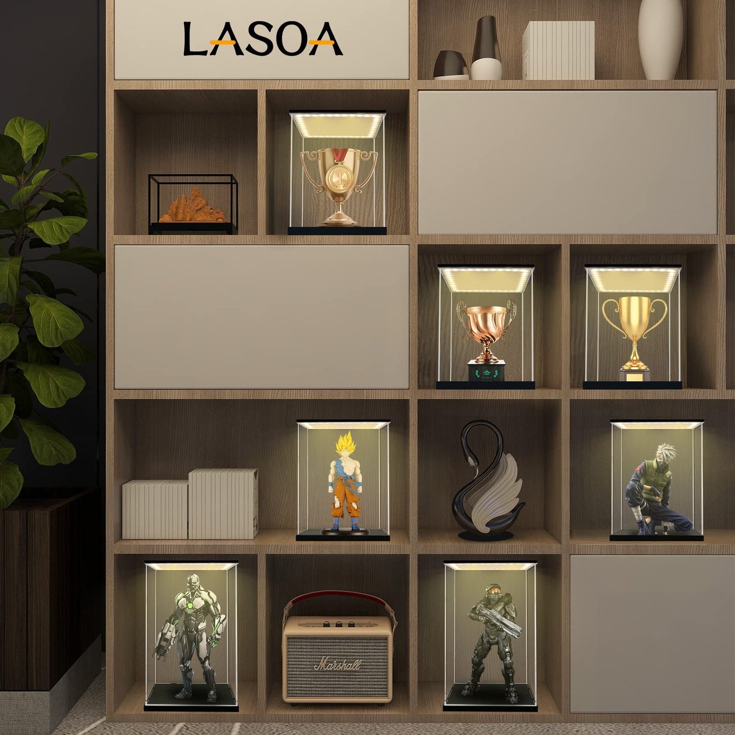 LASOA Acrylic Display Case for Collectibles with LED Light, Alternative Glass Display Box with Black Base and Lid, Self-Assembly Clear Storage Showcase for Memorabilia (9.8x9.8x11.8inch;25x25x30cm)