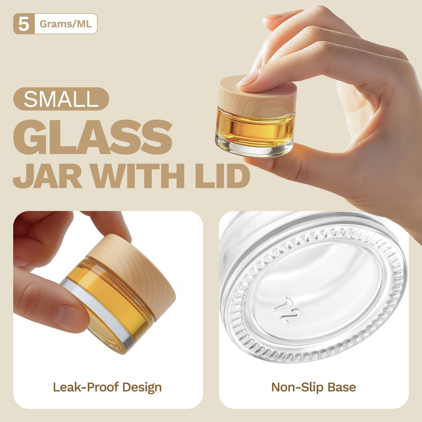 Bumobum 48 Pcs 5 Grams Glass Cosmetic Jars with Plastic Wood-Grain Lids, 5 ml Lip Balm Containers Empty Tiny Sample Jars for Lip Scrub Makeup Eye Cream Travel