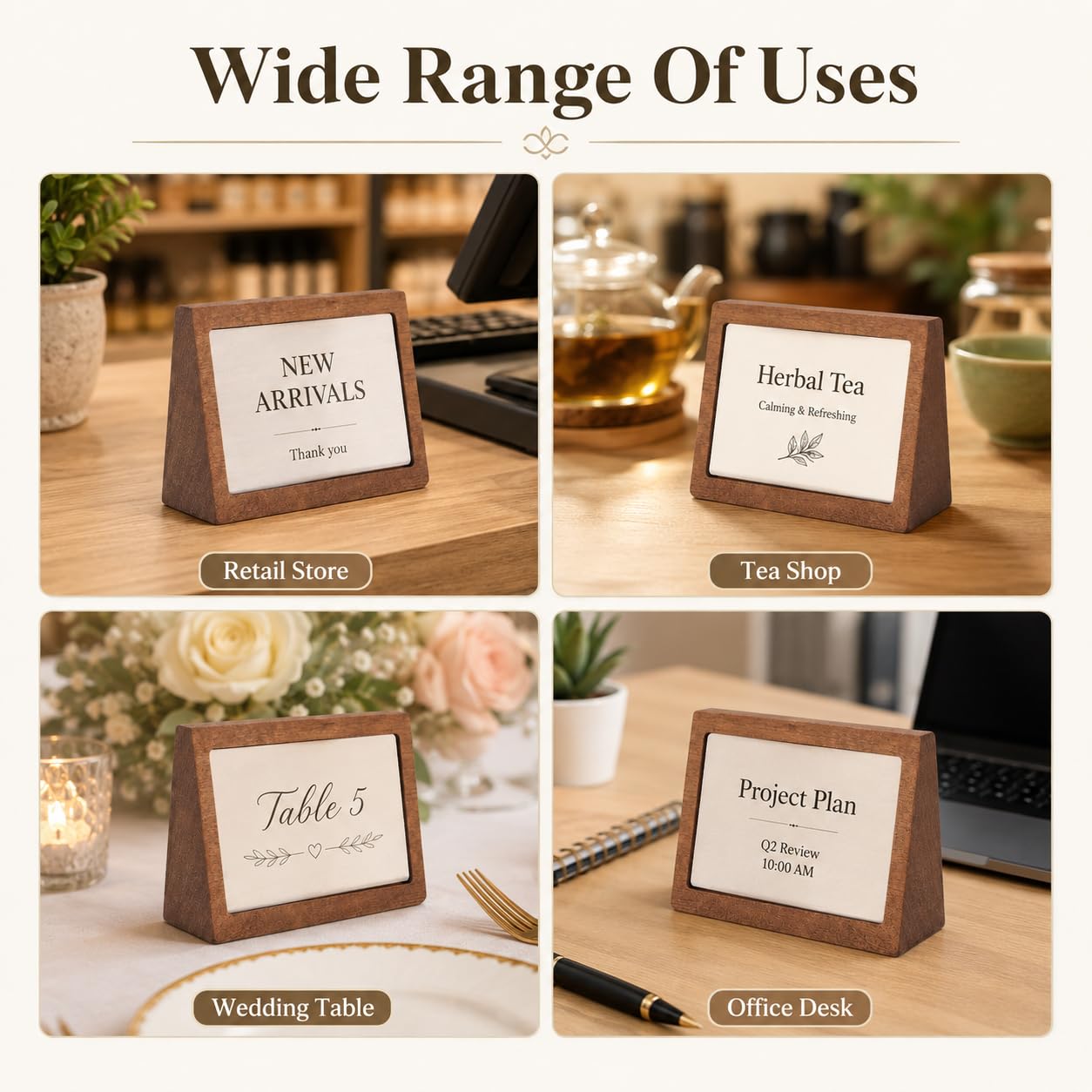 NIMBLOOM 6 Pcs Wood Label Holder Stand, 4.1 x 2.8 x 0.9 in Slanted Place Card Stands with Clear Acrylic Display, Versatile Desktop Sign Holder Stands for Retail Store, Cafe, Tea Shop, Bakery
