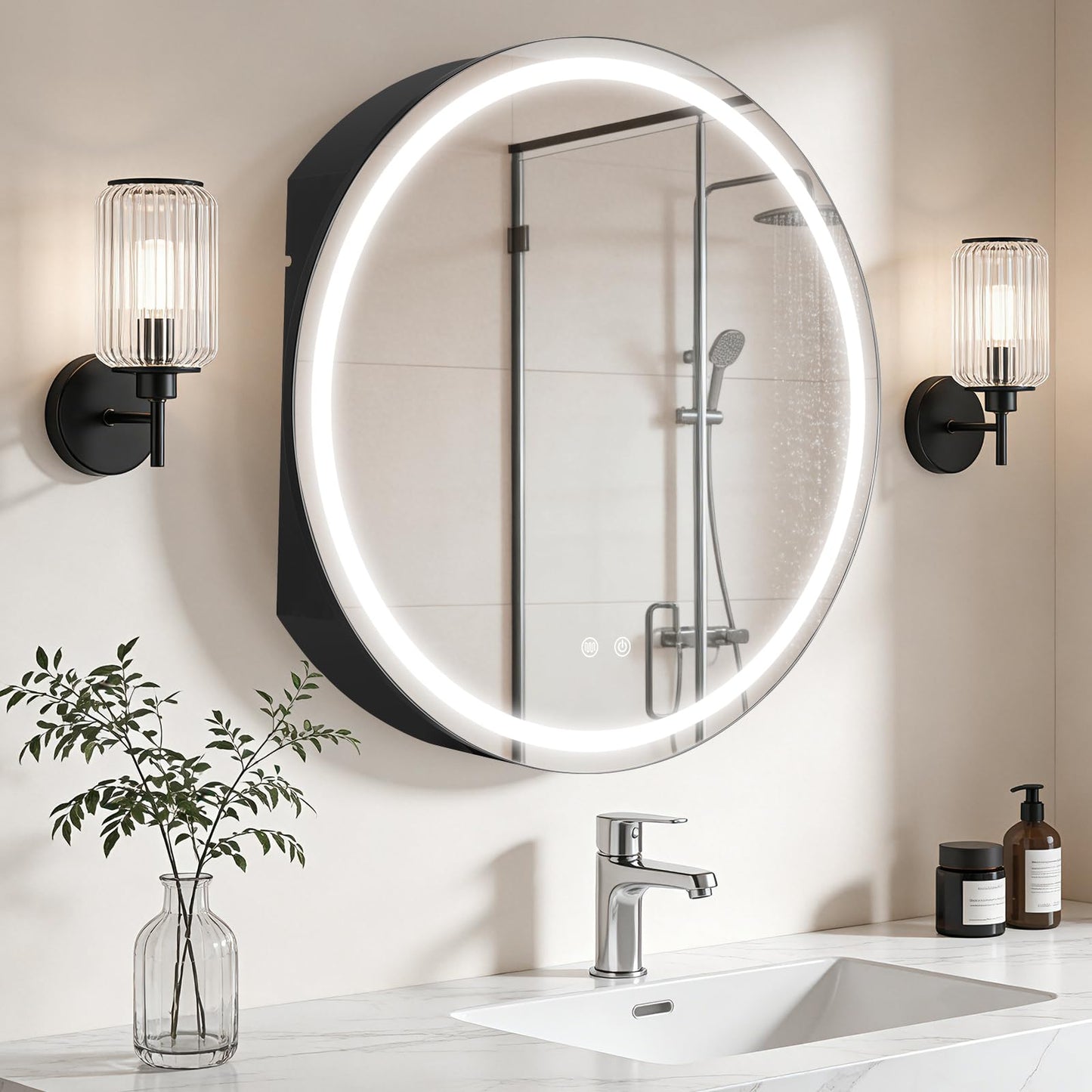 WallBeyond 28 in Round LED Medicine Cabinet with Mirror, Black Bathroom Cabinet with Storage, 3 Color Stepless Dimmable Lights, Anti-Fog, Memory Function, Hardwired, Surface Mount
