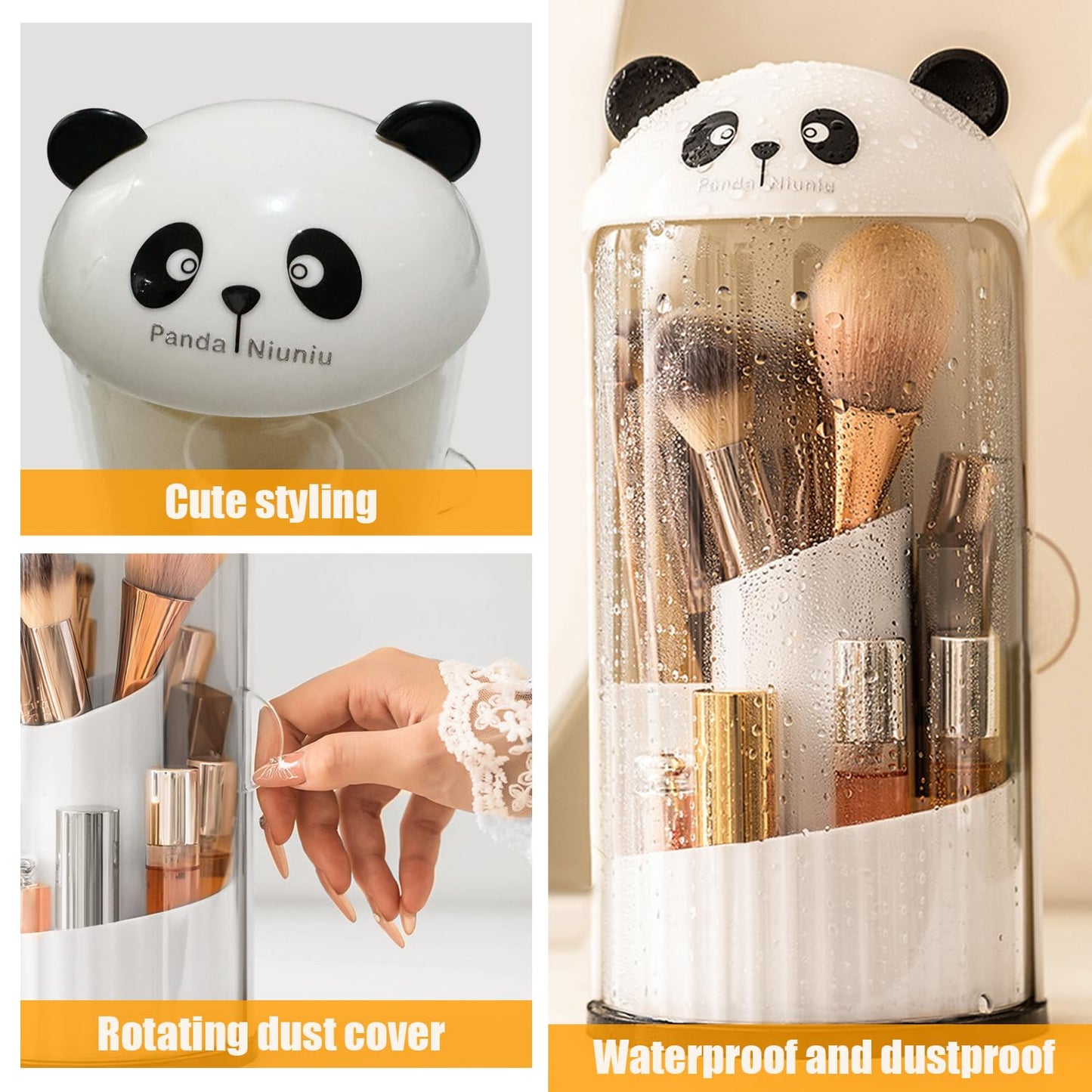 EHERDM Rotating Makeup Brush Holder with Compartments Panda Brush Storage Bucket Side Opening Cosmetic Display Case with Lid Large Capacity Desktop Pen Organizer